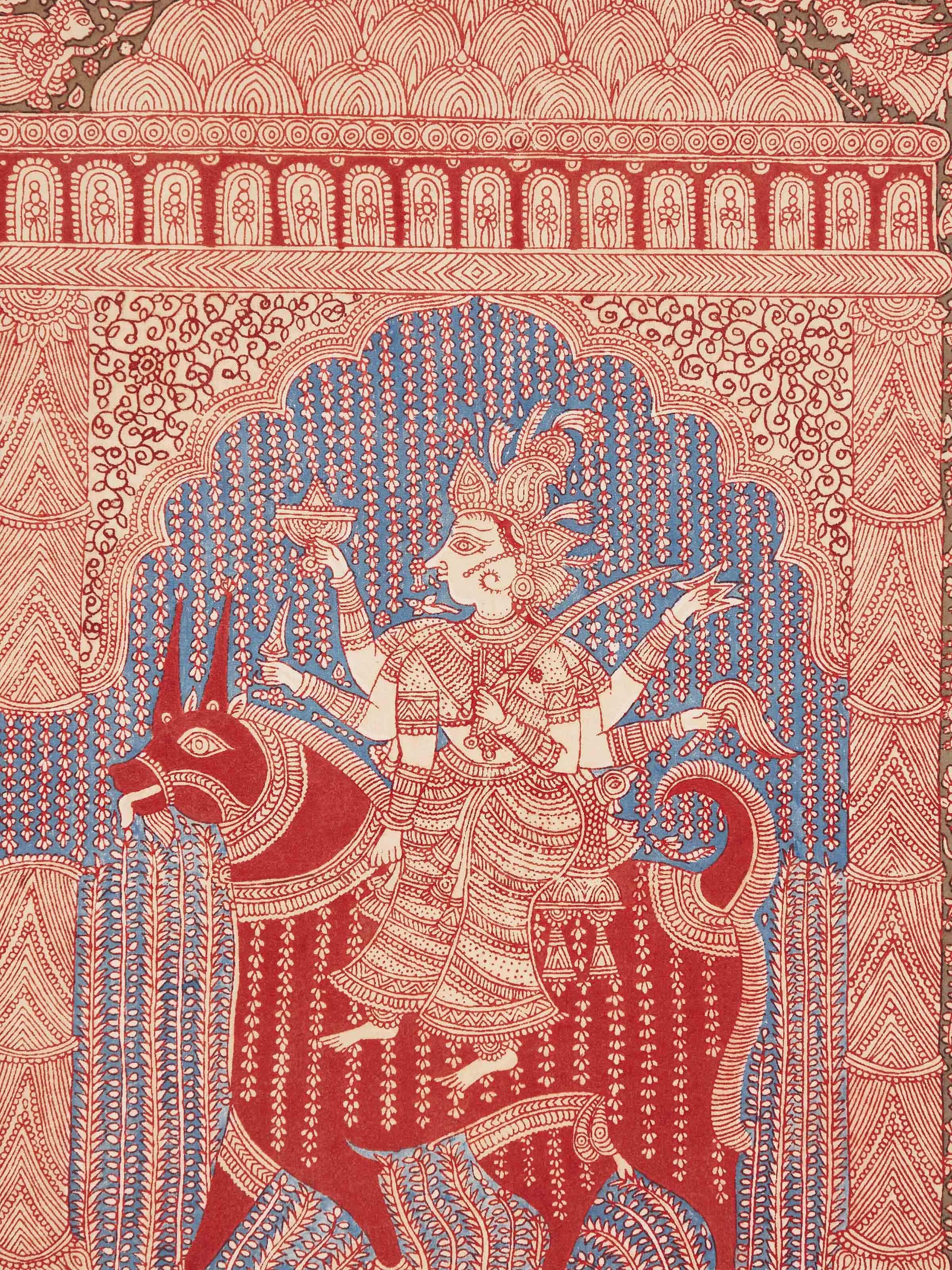 Close-up view of Mother Goddess & Worshippers Mata Ni Pachedi painting emphasizing sacred figures and vibrant detailing