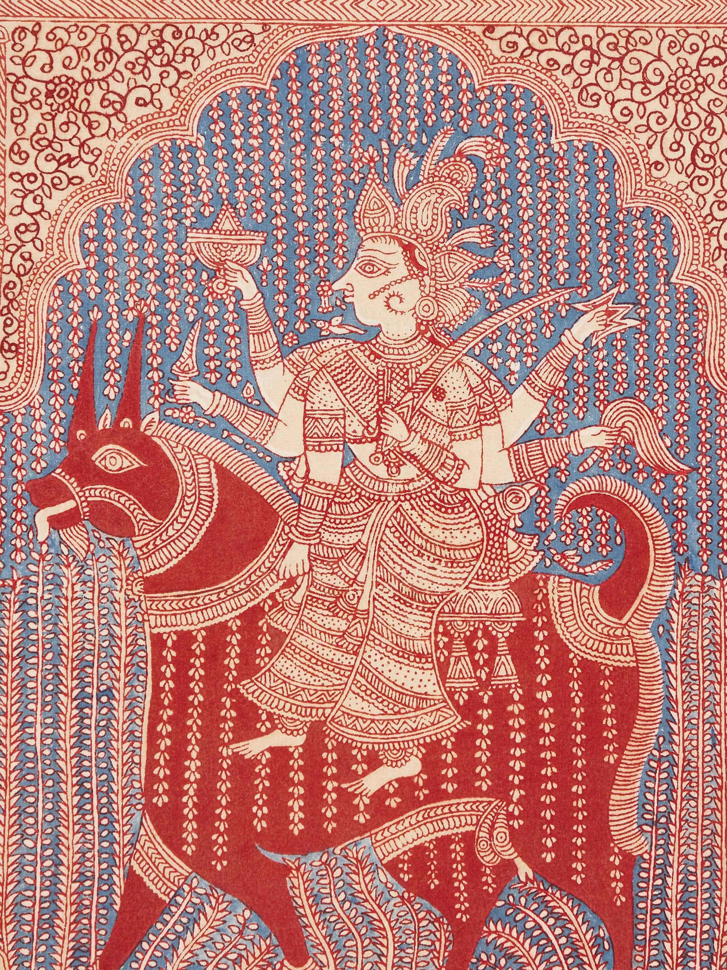 Detailed view of Mother Goddess & Worshippers Mata Ni Pachedi painting showing spiritual figures and vibrant patterns