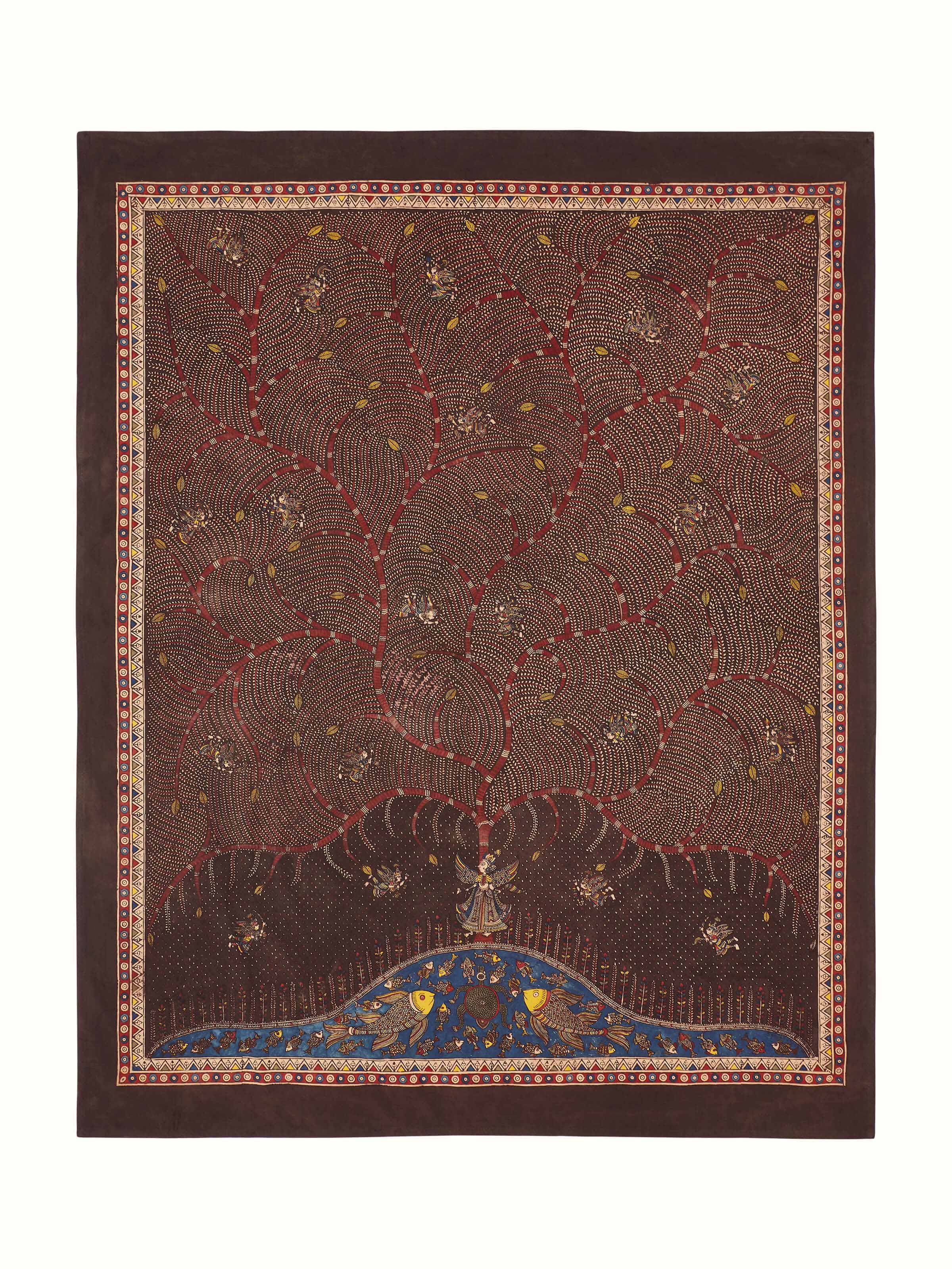 Front view of Mata Ni Pachedi Tree of Life Artwork featuring vibrant colors and intricate traditional patterns