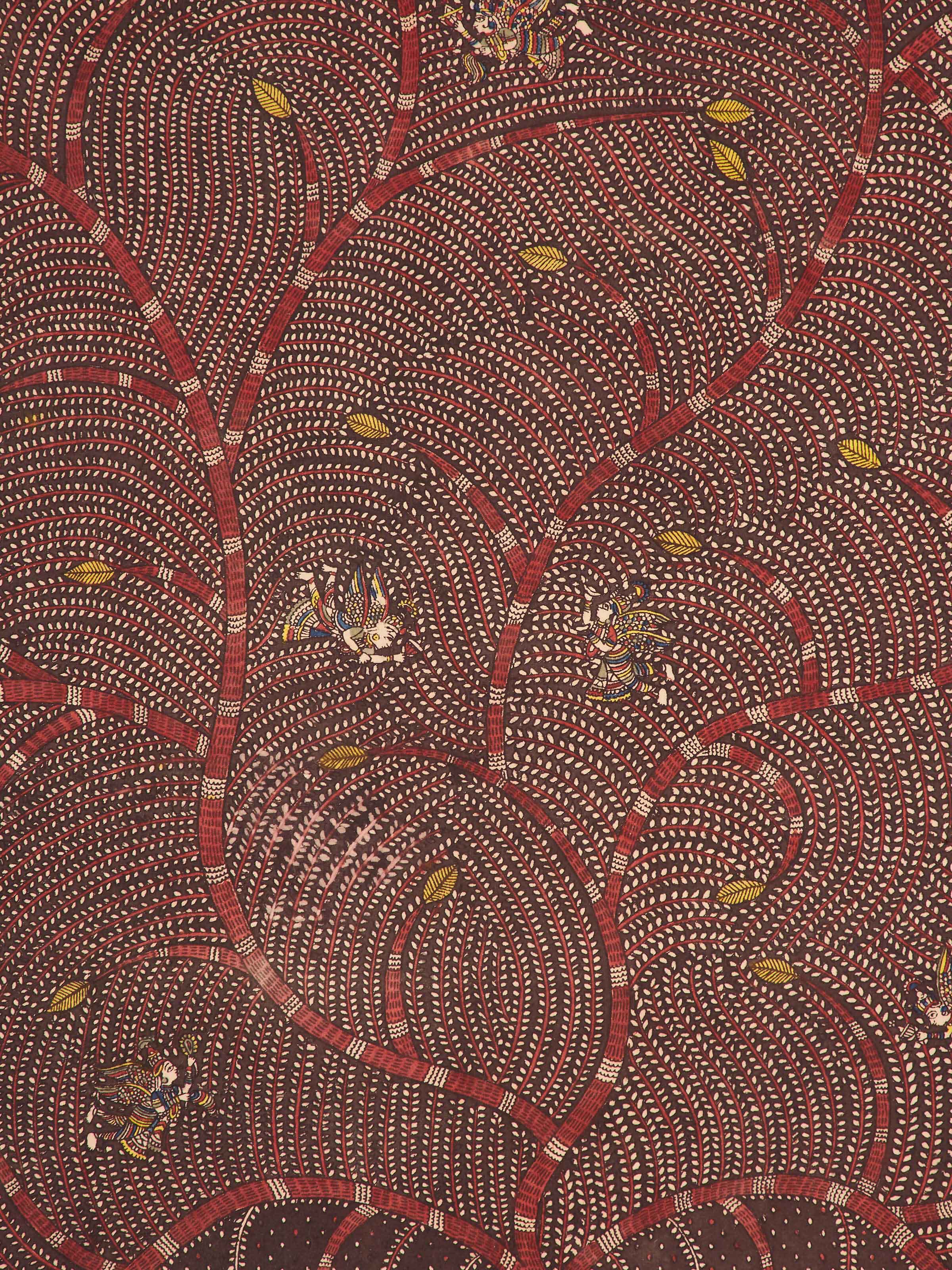 Detailed close-up of Mata Ni Pachedi Tree of Life Artwork showcasing the traditional elements and vibrant colors