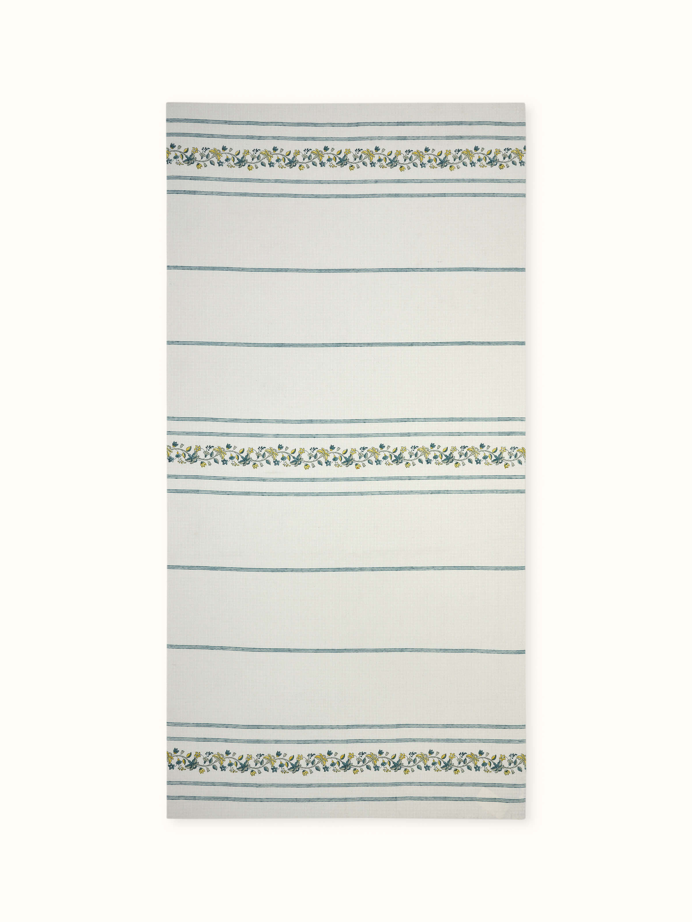 Full view of Palampore stripe yellow floral cotton Sanganeri block printed bath towel (XL) showcasing its vibrant yellow floral pattern and large size.