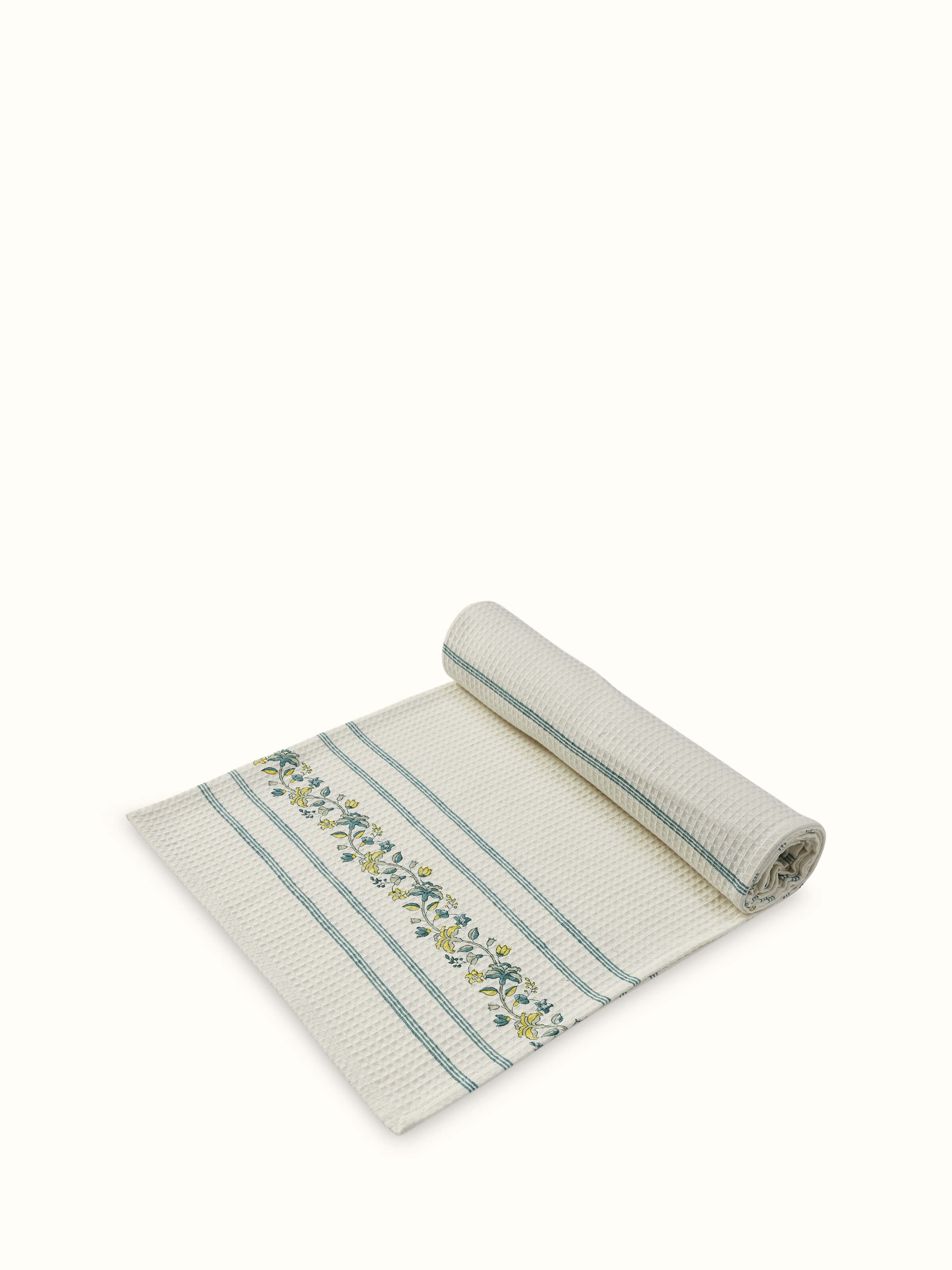 Detailed view of Palampore stripe yellow floral cotton Sanganeri block printed bath towel (XL) highlighting the color and block print details.