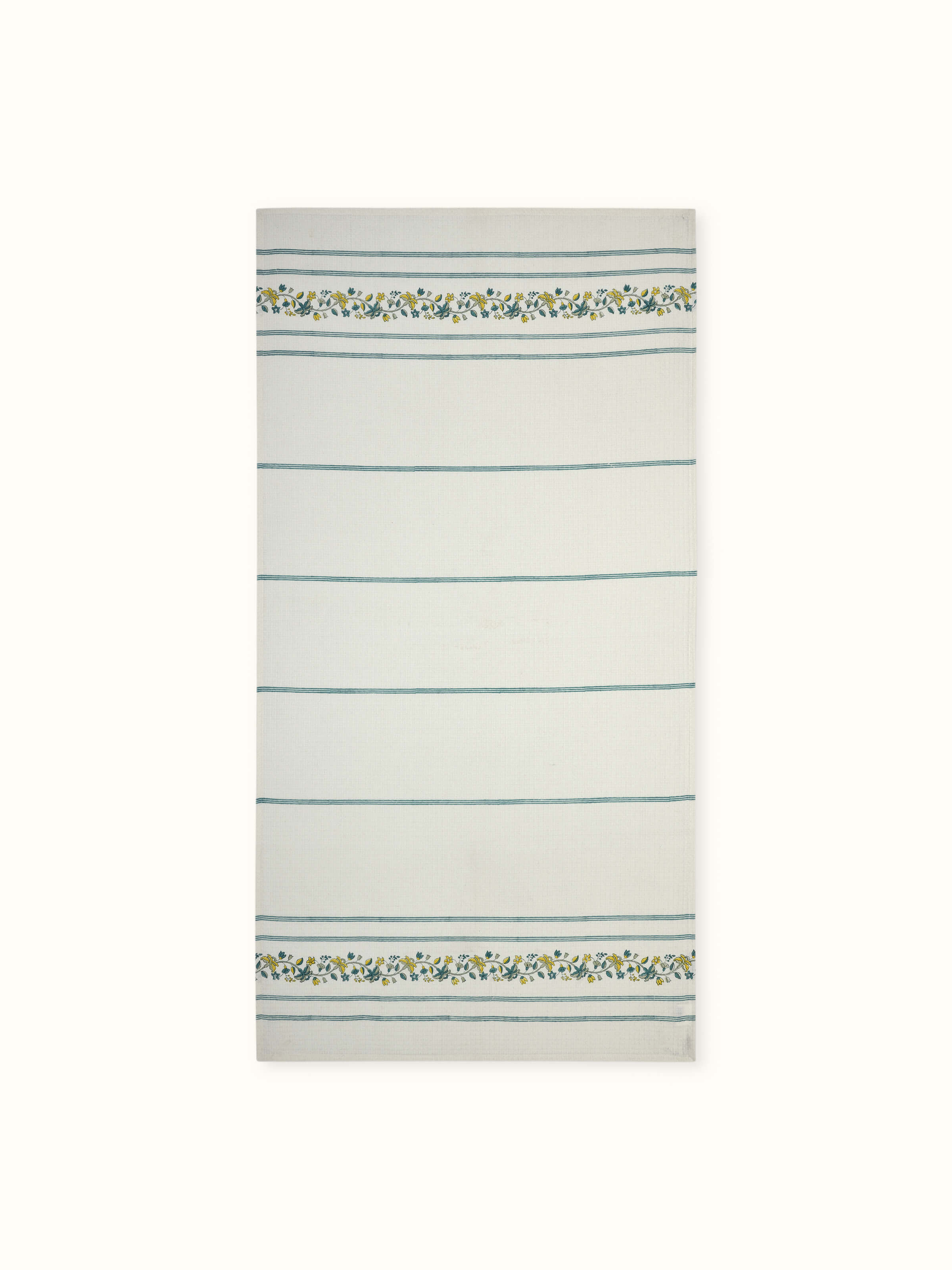 Front view of Palampore stripe yellow floral cotton Sanganeri block printed bath towel (L) featuring its vibrant floral pattern.