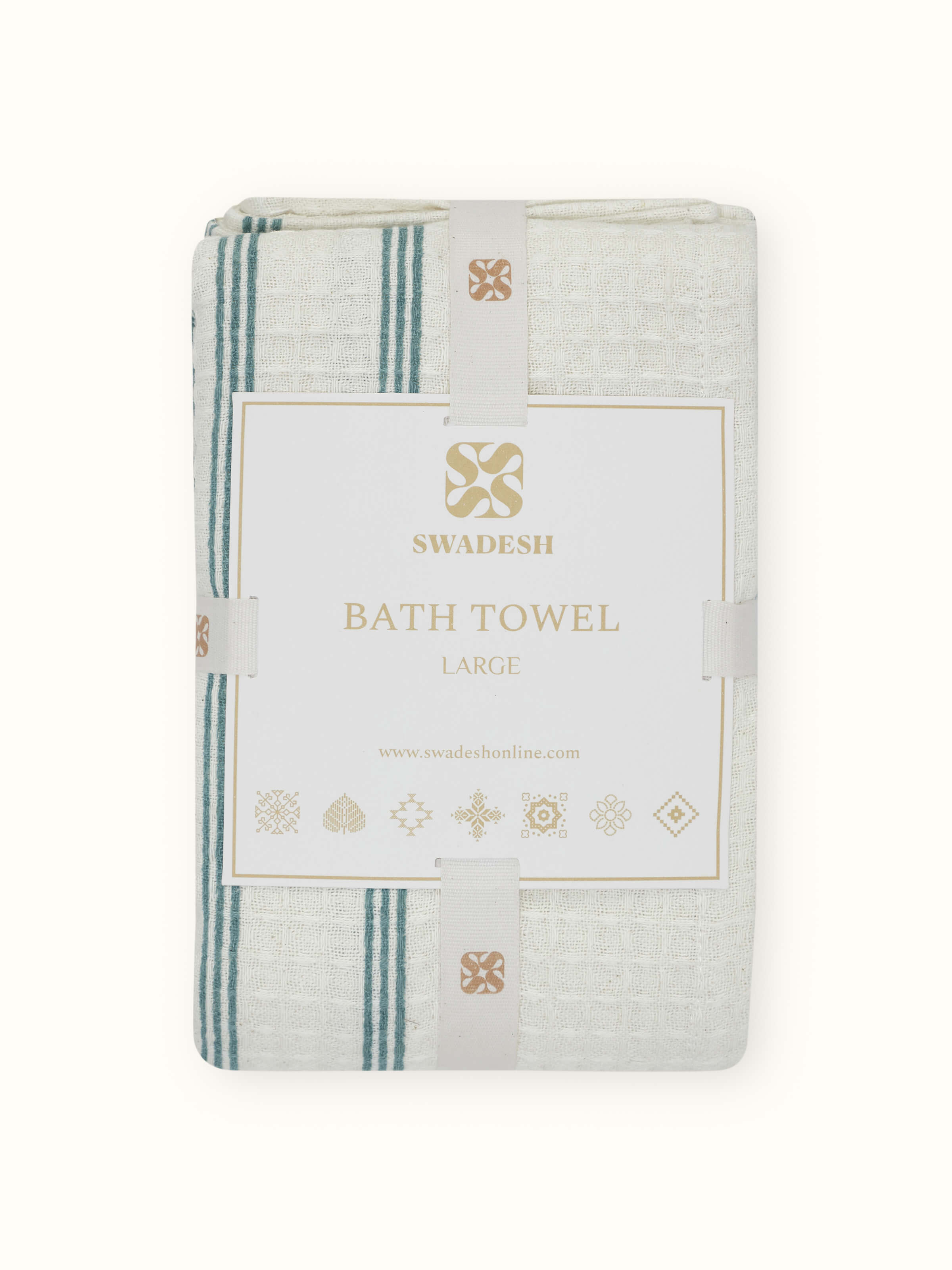 Close-up view of Palampore stripe yellow floral cotton Sanganeri block printed bath towel (L) focusing on the detailed print.