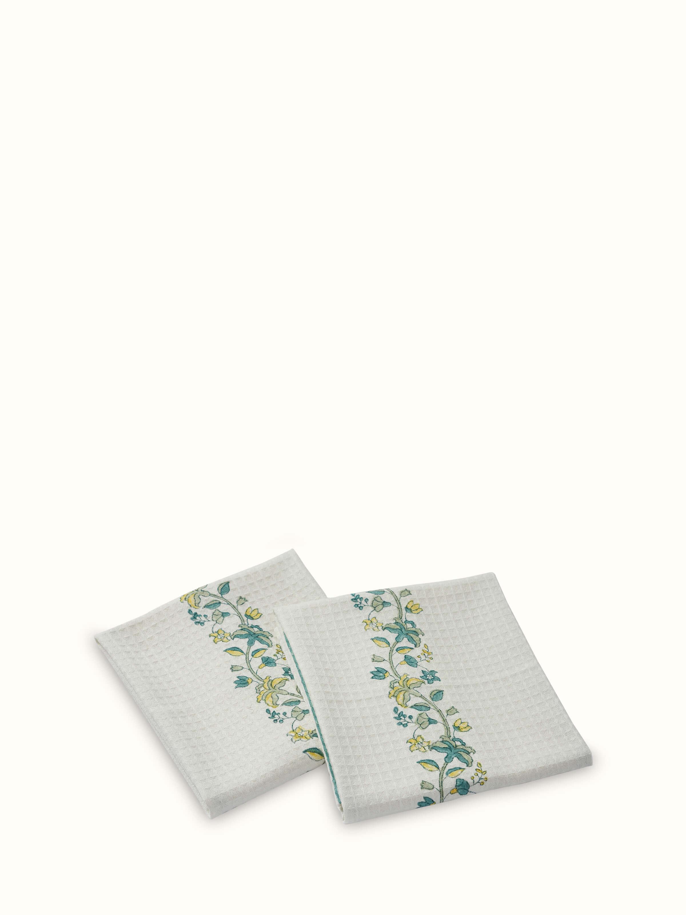 Palampore border yellow floral cotton Sanganeri block printed hand towel, featuring a vibrant floral design and border.