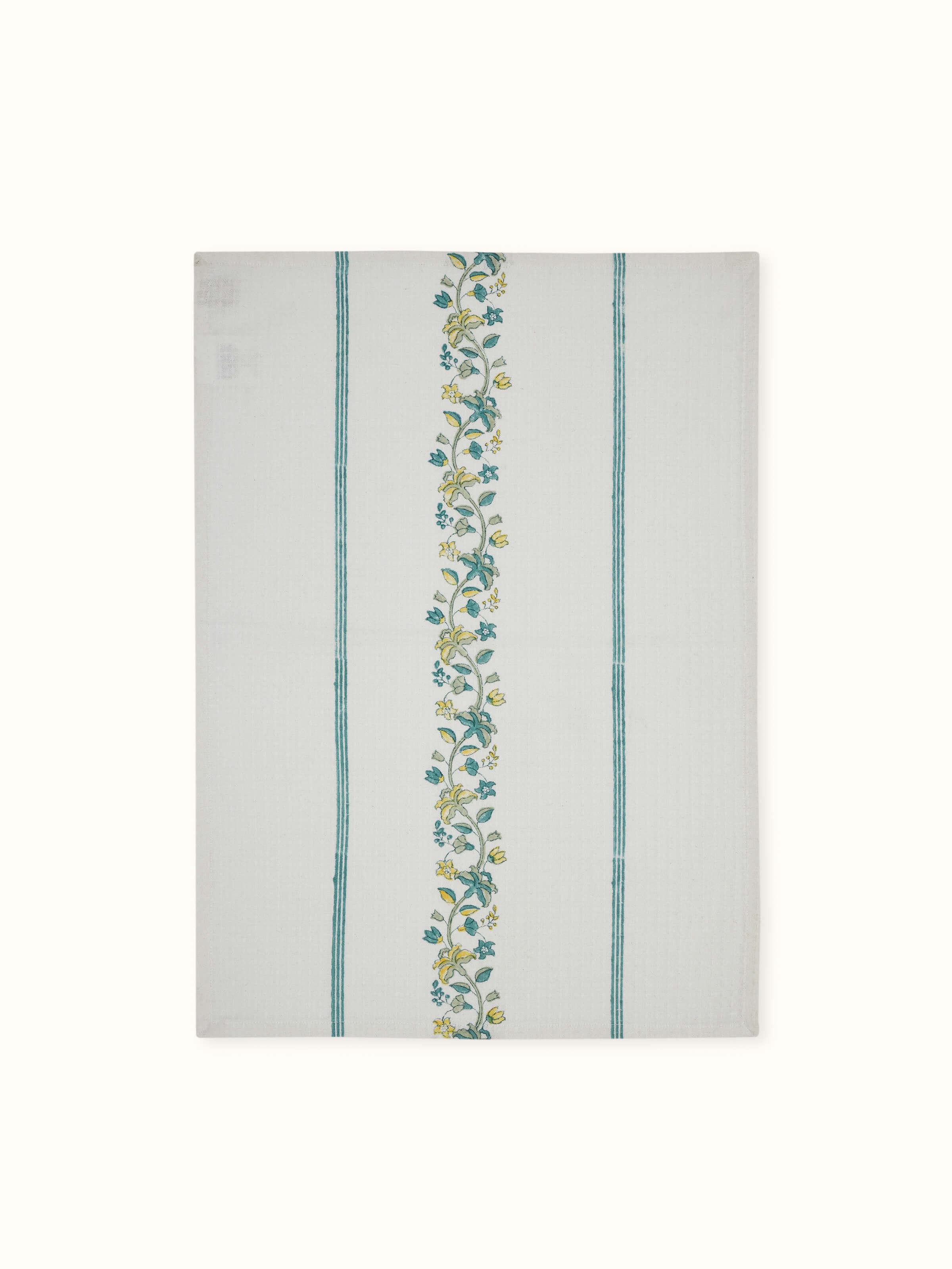 Palampore border yellow floral cotton hand towel, highlighting the block printed design and yellow floral pattern.