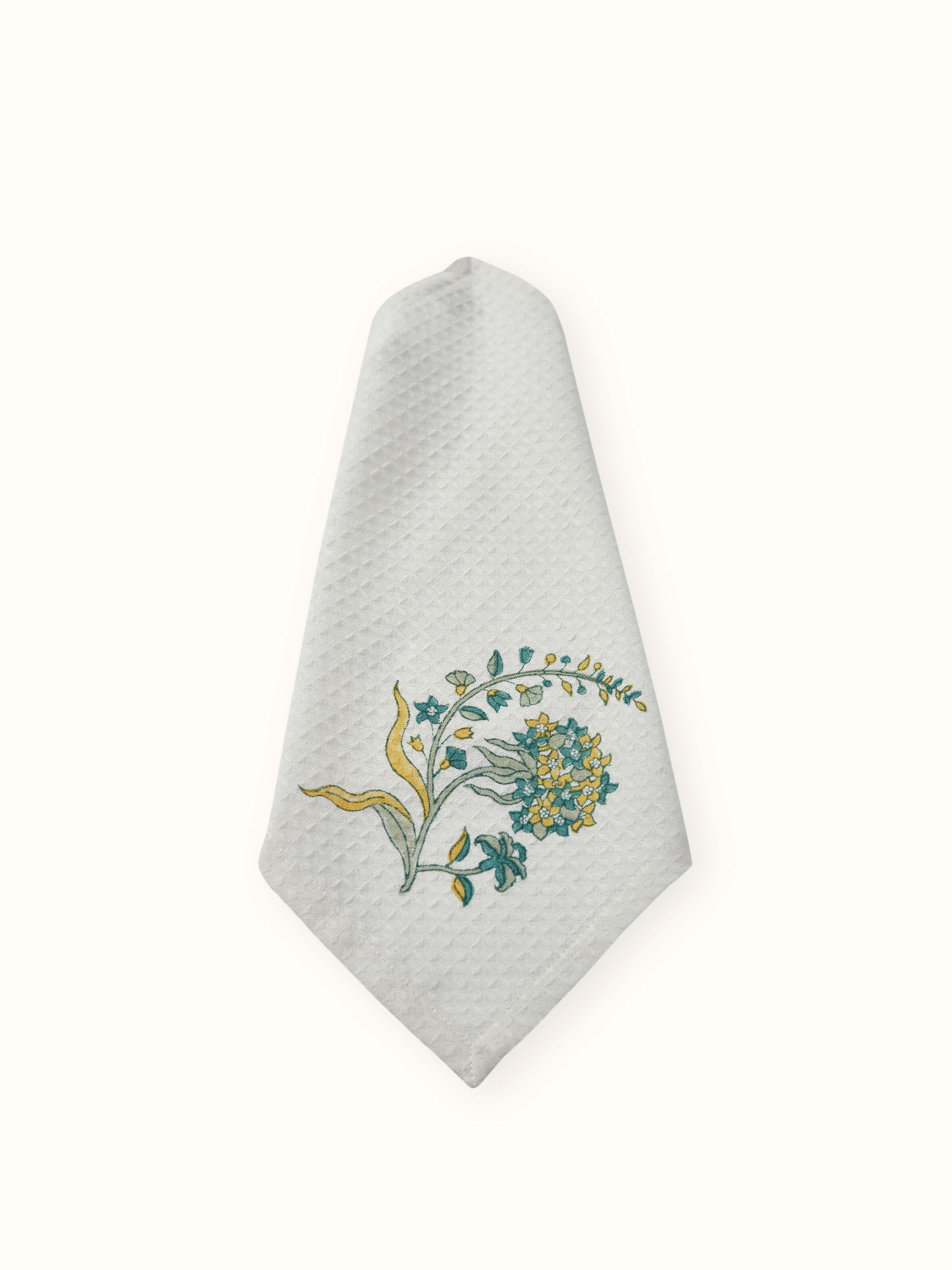 Top view of Palampore yellow floral cotton Sanganeri block printed face towels showing the full set and vibrant colors