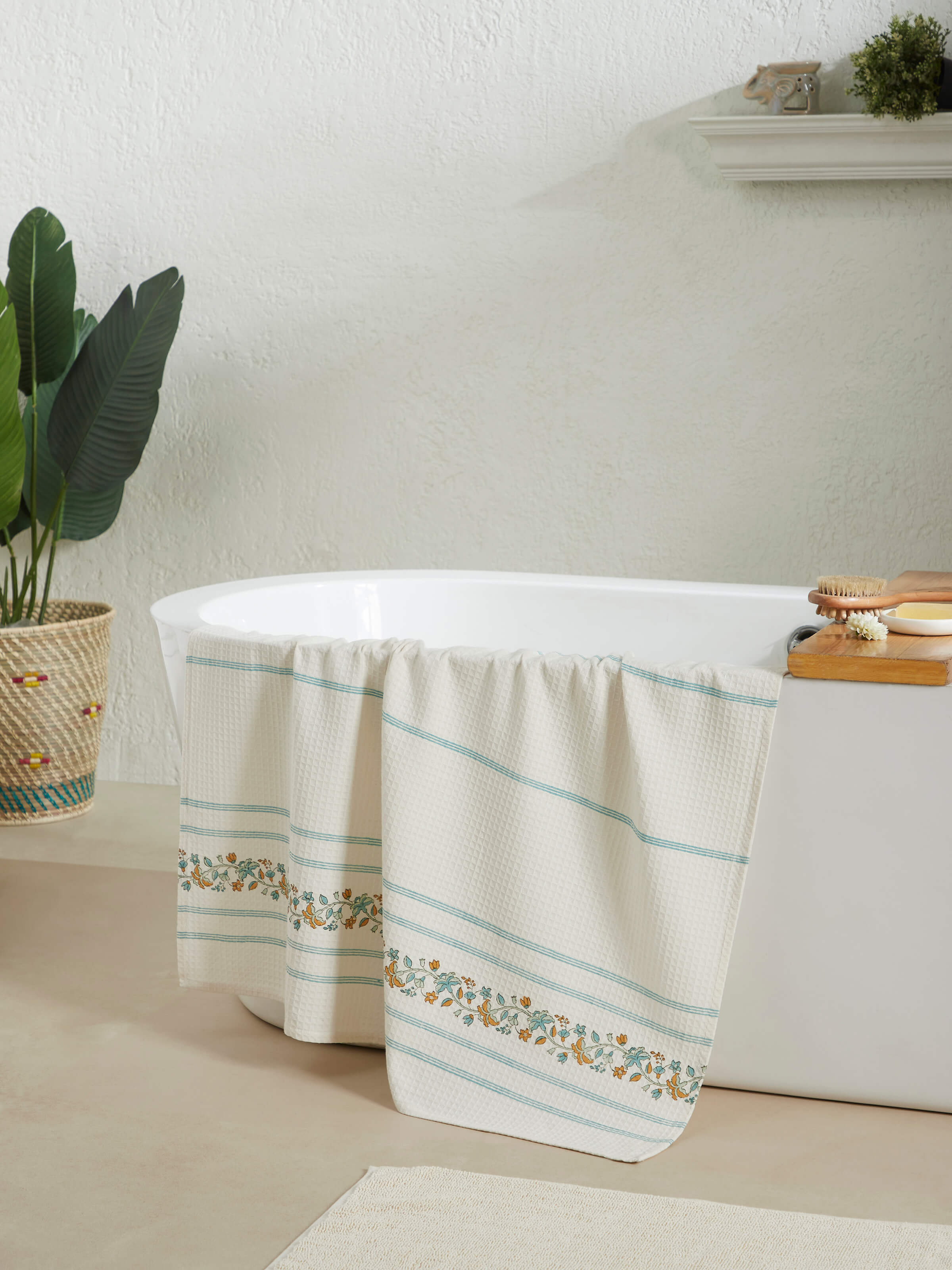 Close-up of Palampore Stripe White Floral Cotton Sanganeri Block Printed Bath Towel (XL), highlighting the detailed block print pattern.