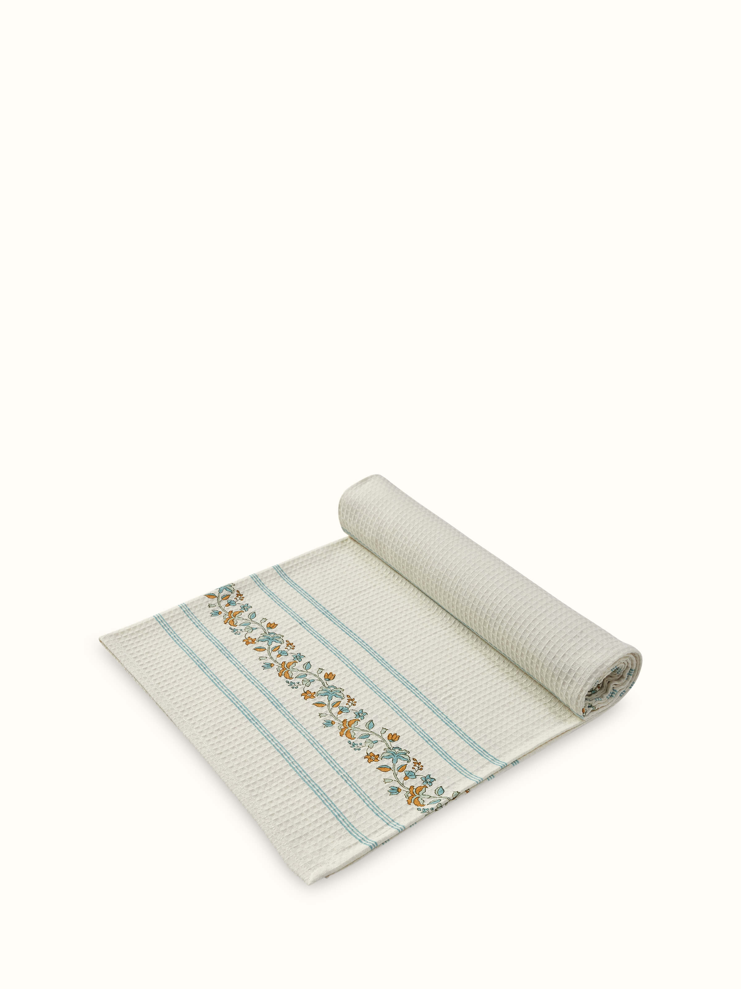 Detailed view of Palampore Stripe White Floral Cotton Sanganeri Block Printed Bath Towel (XL), featuring the intricate floral motifs.