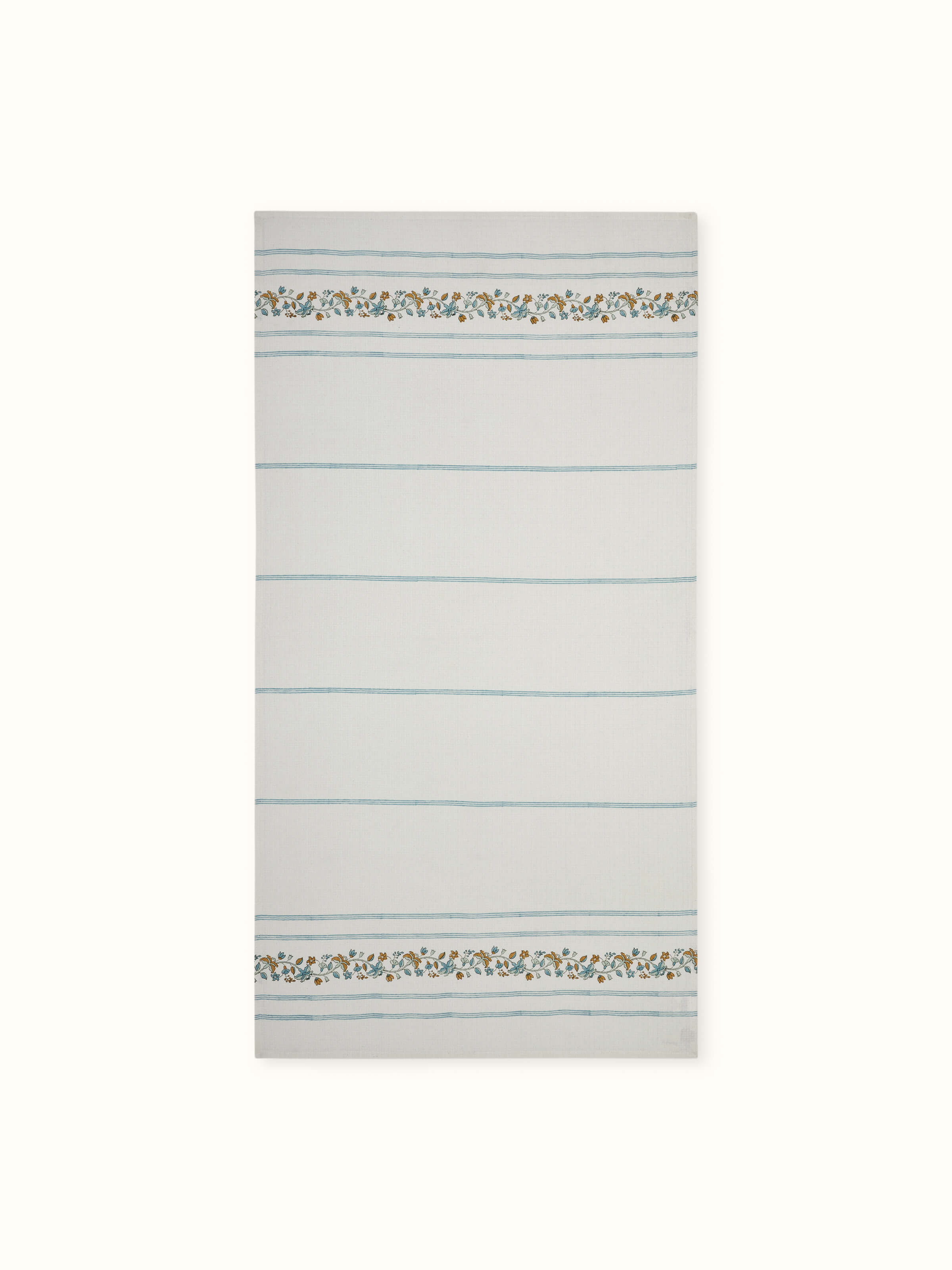 Close-up of Palampore stripe white floral cotton Sanganeri block printed bath towel with floral pattern.
