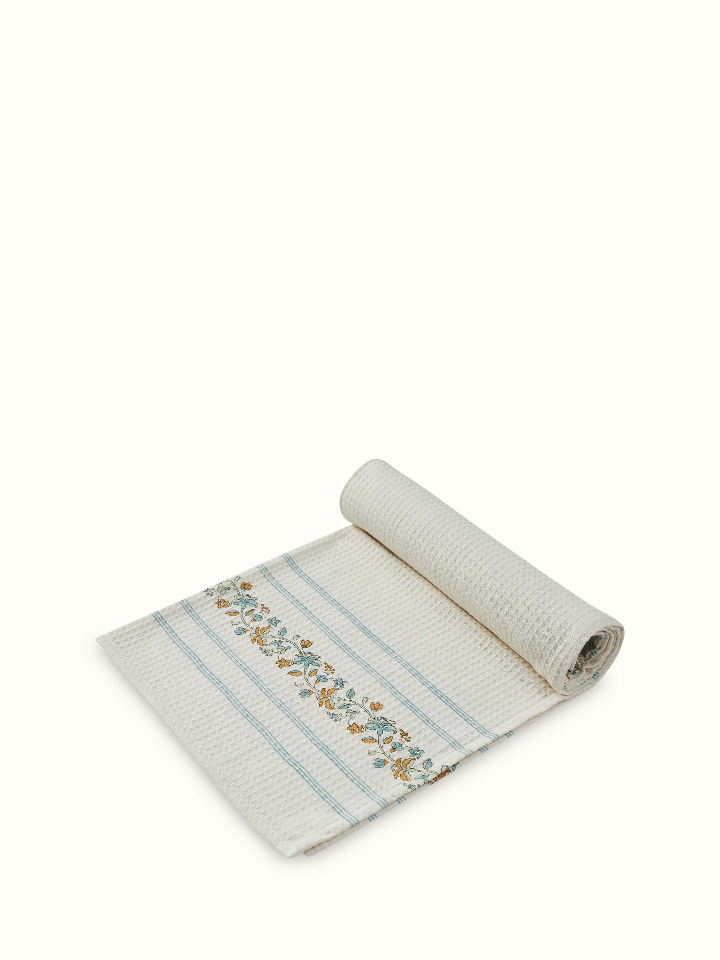 Detailed view of Palampore stripe white floral cotton Sanganeri block printed bath towel showing block print.