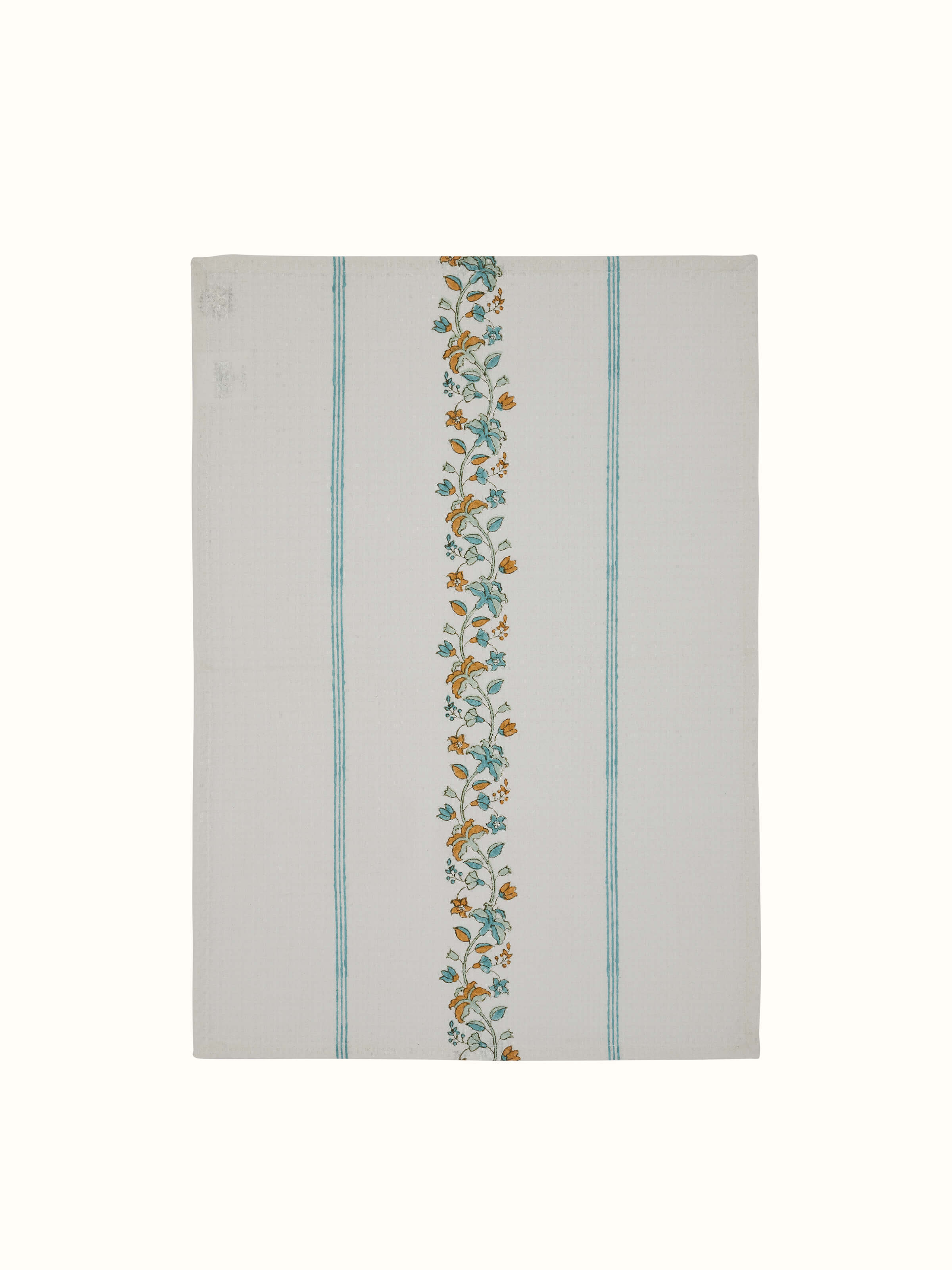 Full view of Palampore border white floral cotton Sanganeri block printed hand towels (2 pcs) displaying the entire towel design