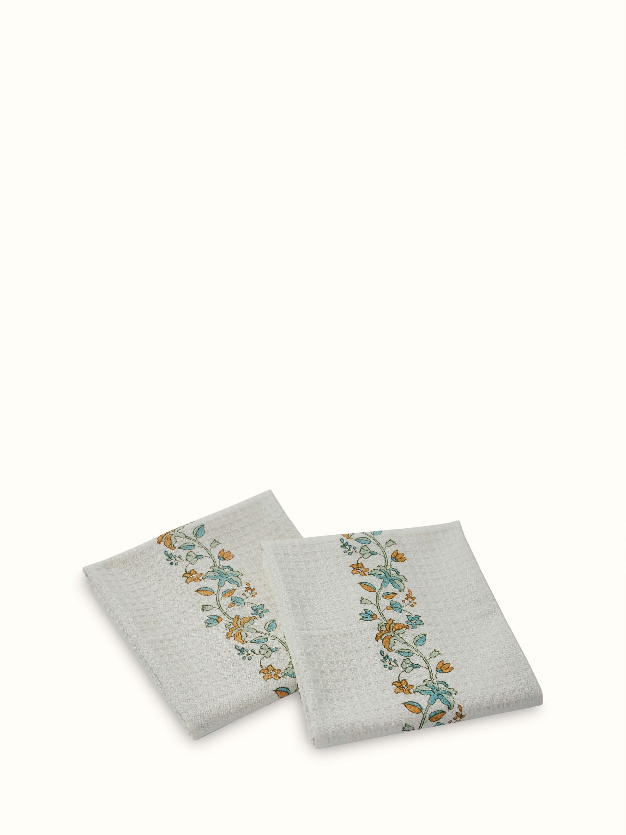 Palampore border white floral cotton Sanganeri block printed hand towels (2 pcs) featuring a floral design and border details