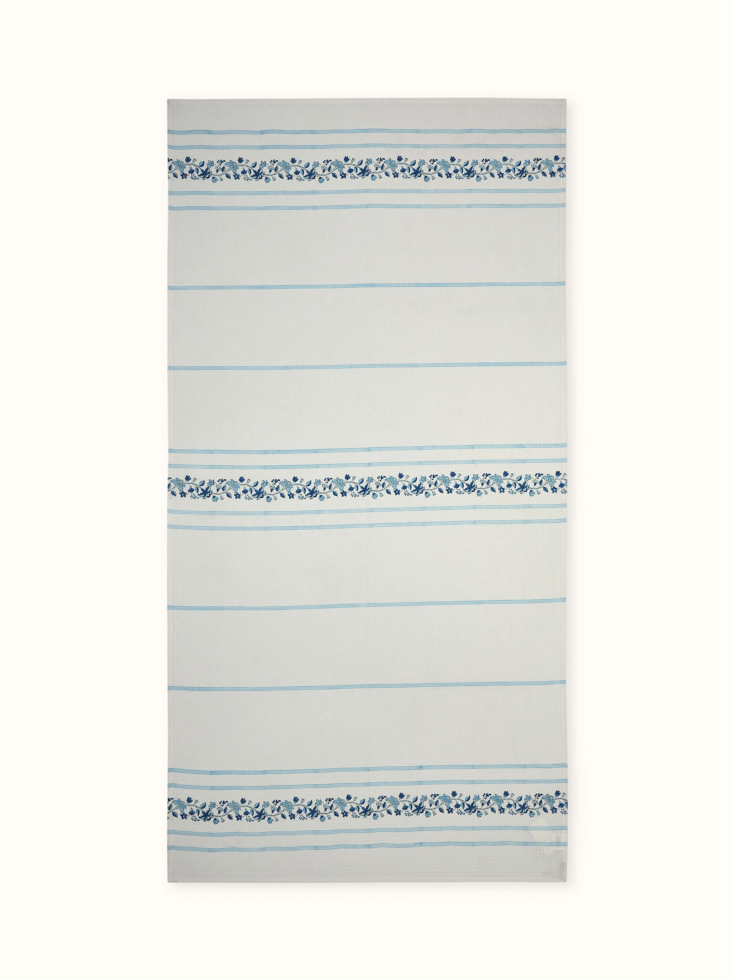 Palampore stripe blue floral cotton Sanganeri block printed bath towel (XL), showing the full towel with floral design