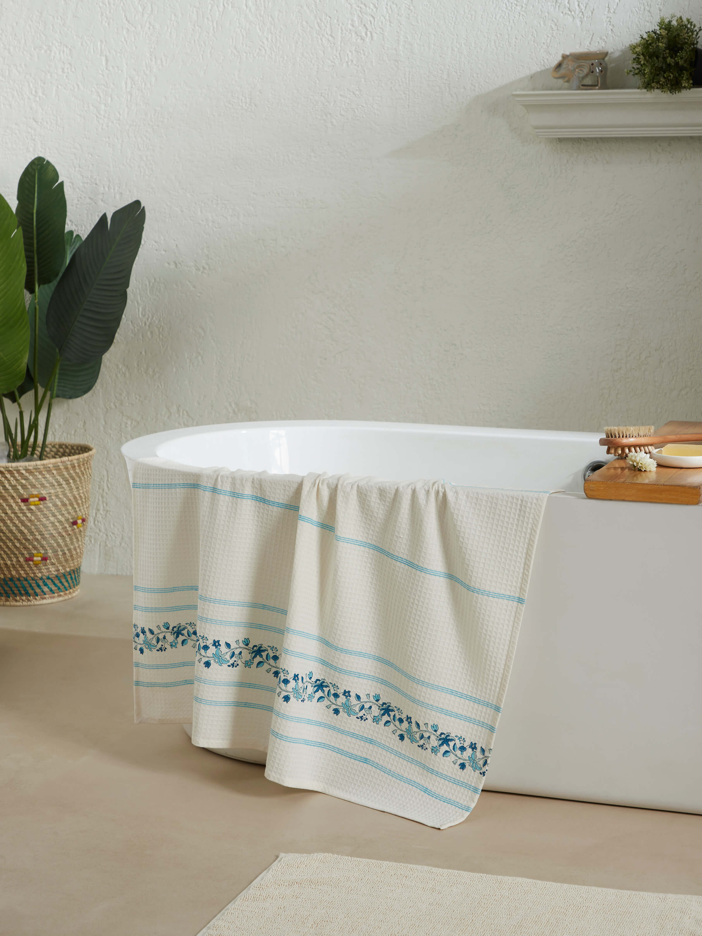 Close-up of Palampore stripe blue floral cotton Sanganeri block printed bath towel (XL), highlighting the block print pattern