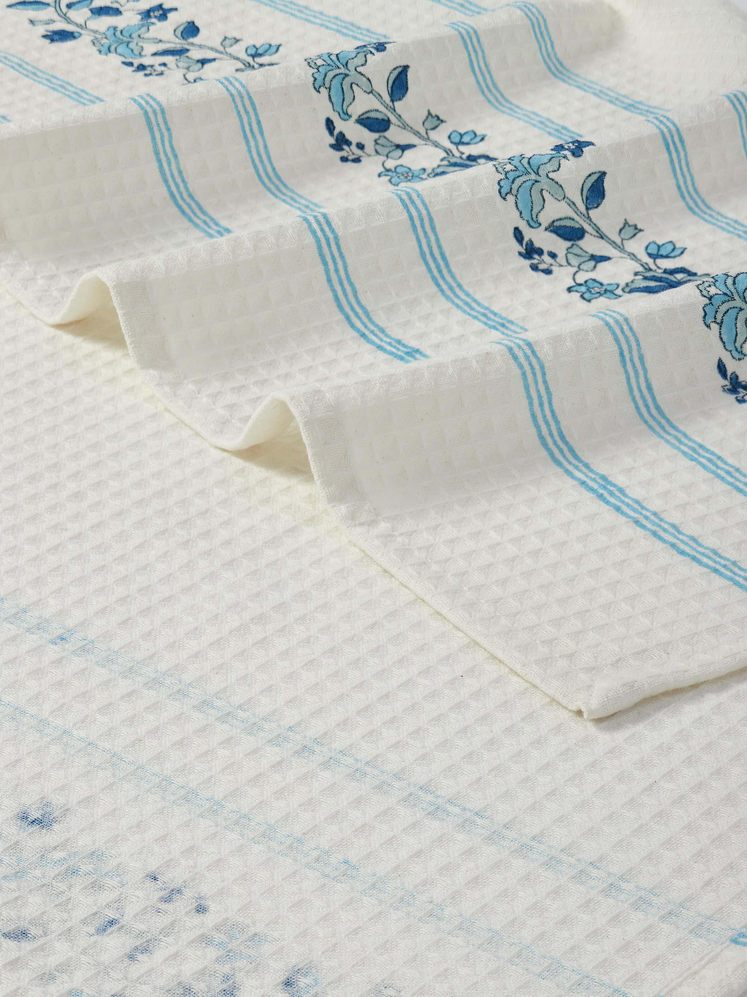 Detailed view of Palampore stripe blue floral cotton Sanganeri block printed bath towel (XL), showing fabric texture