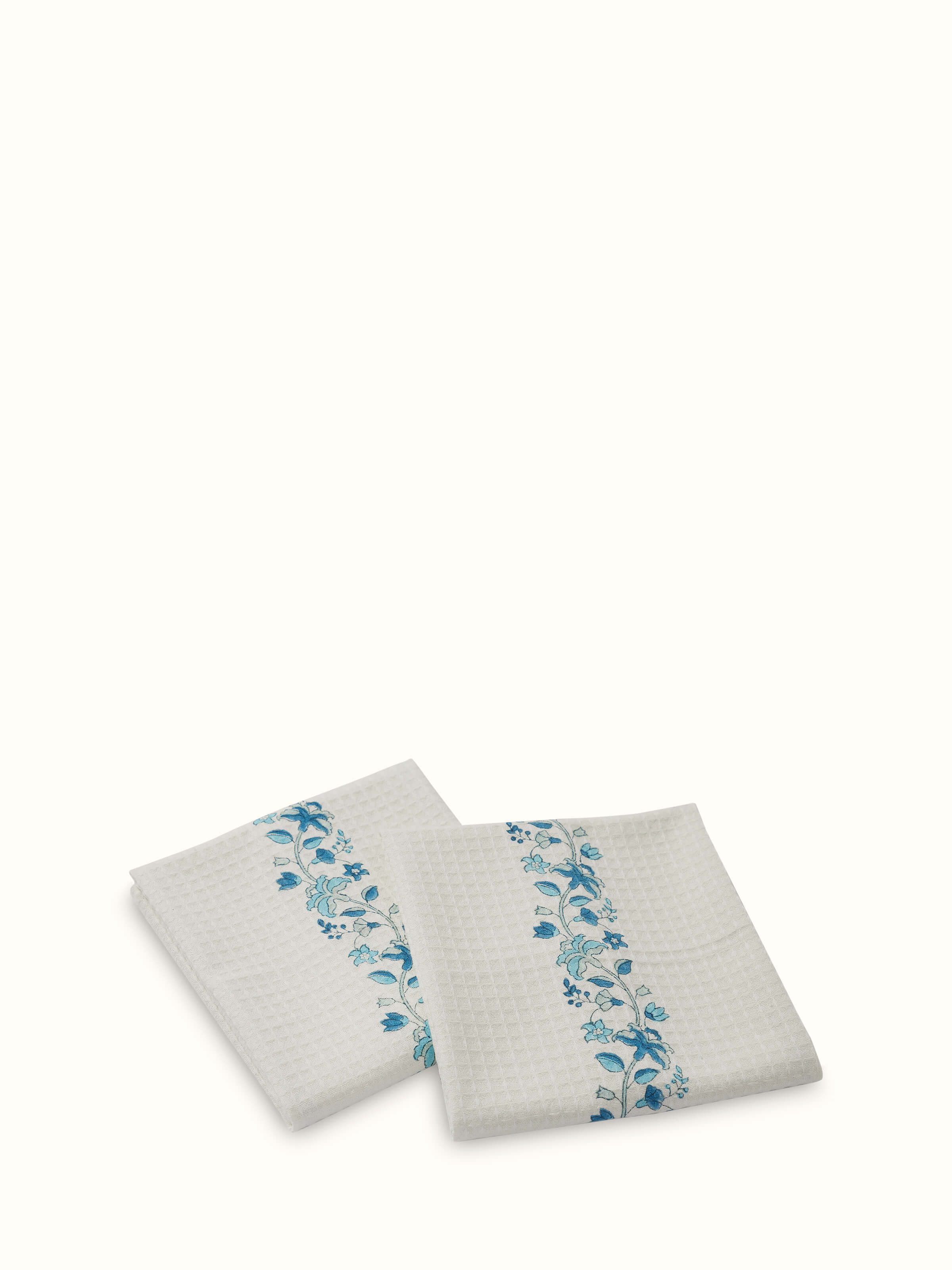 Front view of Palampore Border Blue Floral Cotton Sanganeri Block Printed Hand Towels showing floral patterns.
