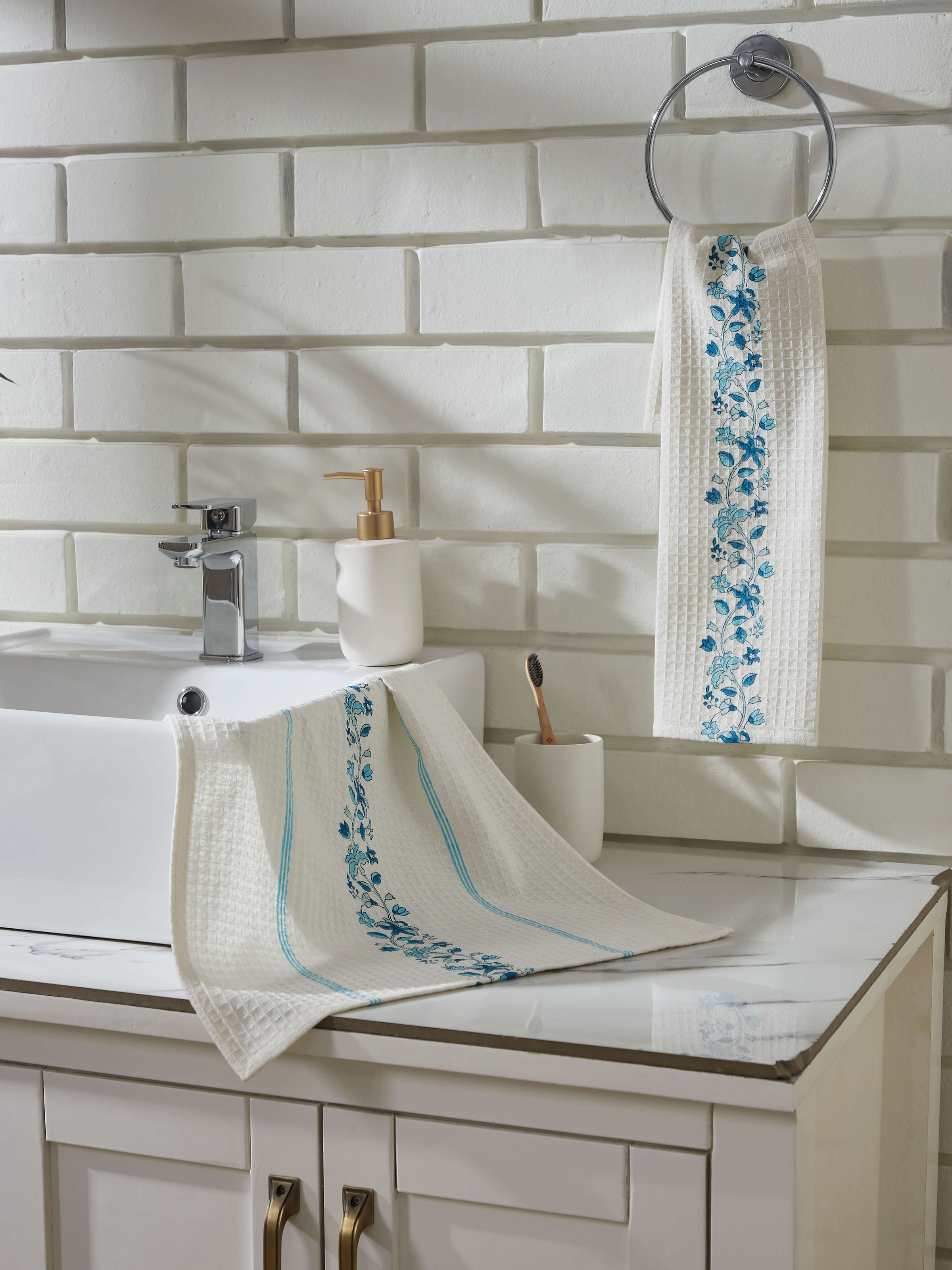 Close-up of Palampore Border Blue Floral Cotton Sanganeri Block Printed Hand Towels highlighting intricate block print details.