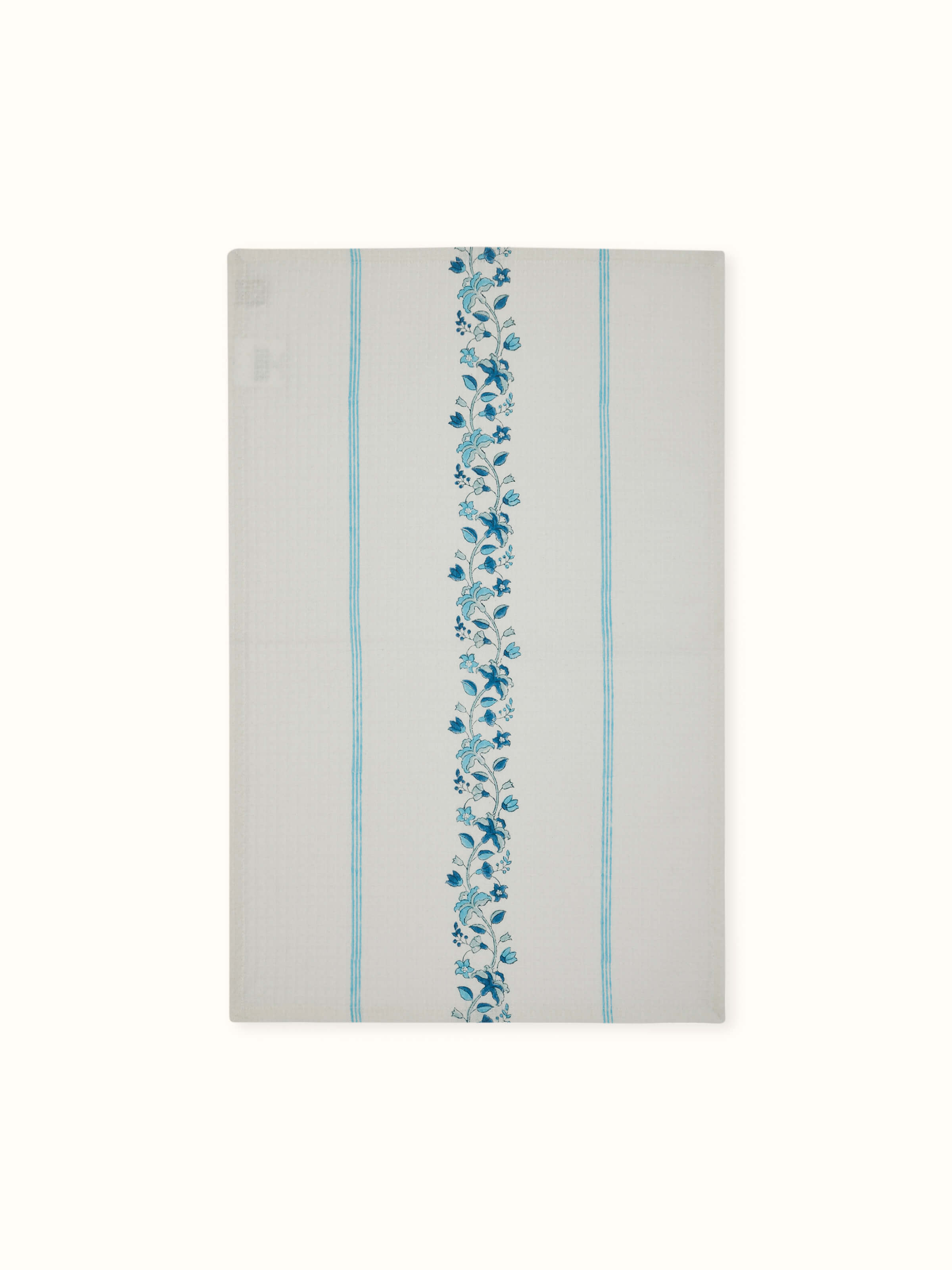 Side view of Palampore Border Blue Floral Cotton Sanganeri Block Printed Hand Towels emphasizing the towel's texture and design.