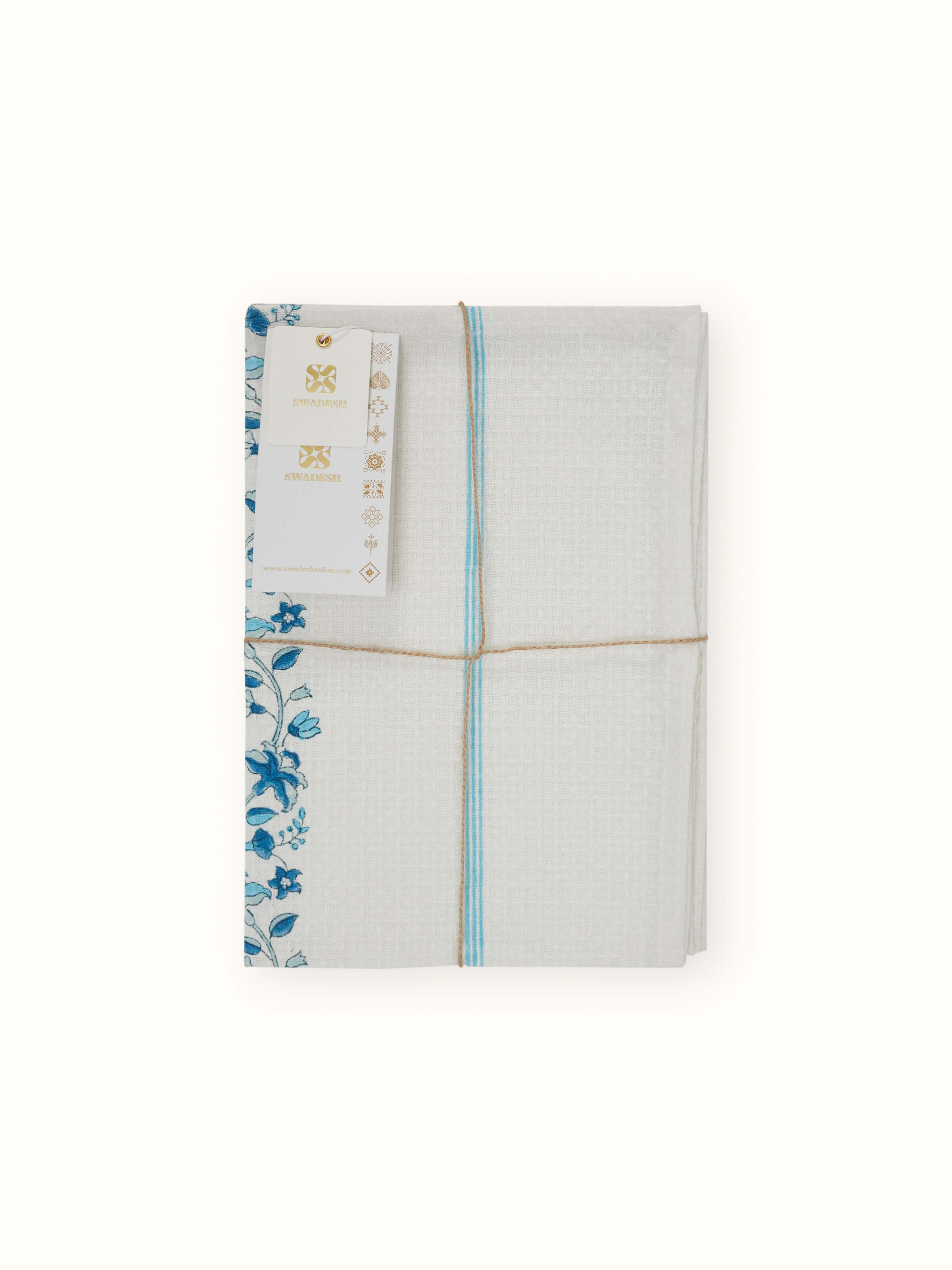 Full view of Palampore Border Blue Floral Cotton Sanganeri Block Printed Hand Towels displaying the complete pattern and border design.