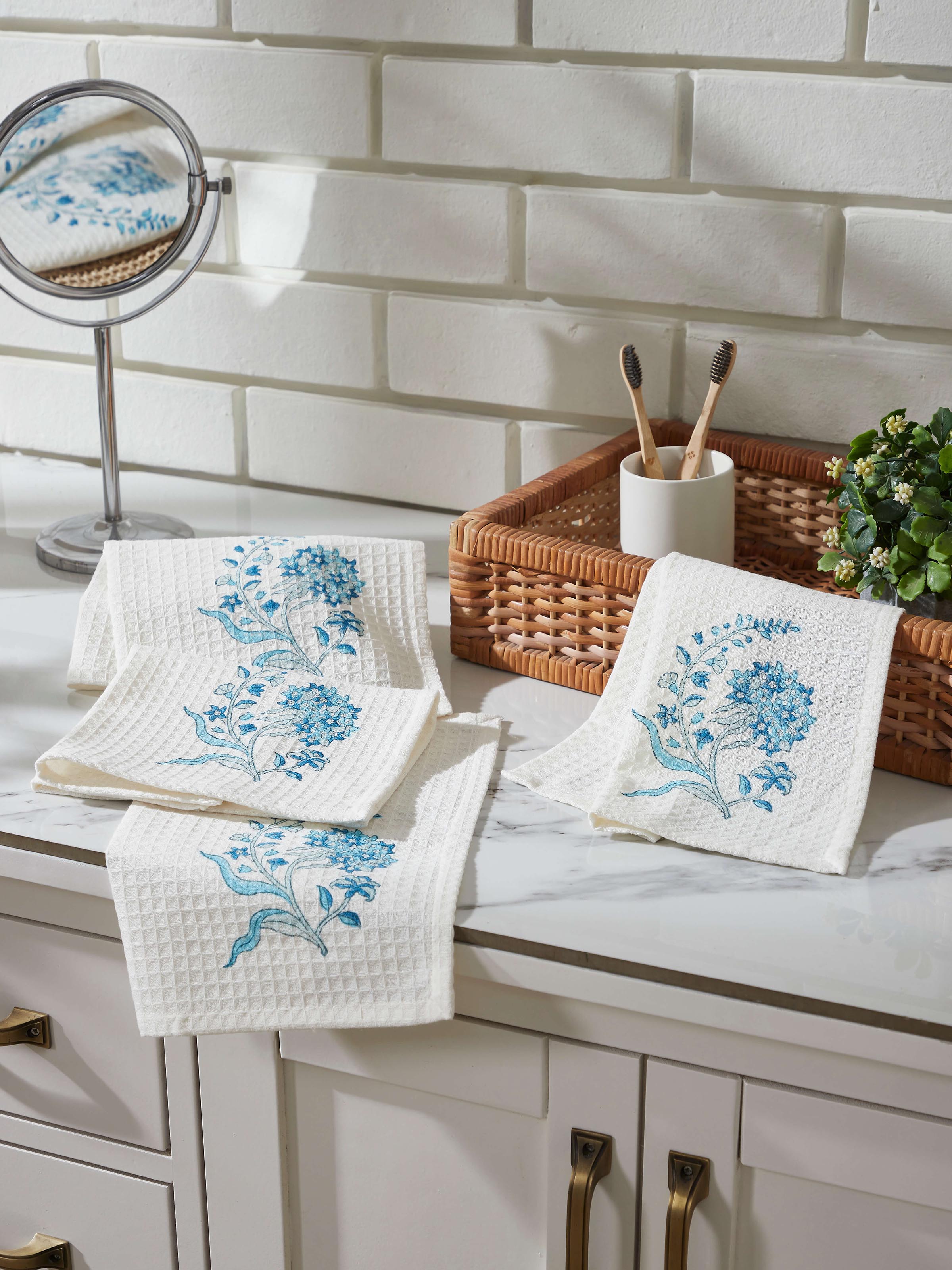Close-up of Palampore Blue Floral Cotton Sanganeri Block Printed Face Towels (4 pcs), focusing on the detailed floral print and texture.