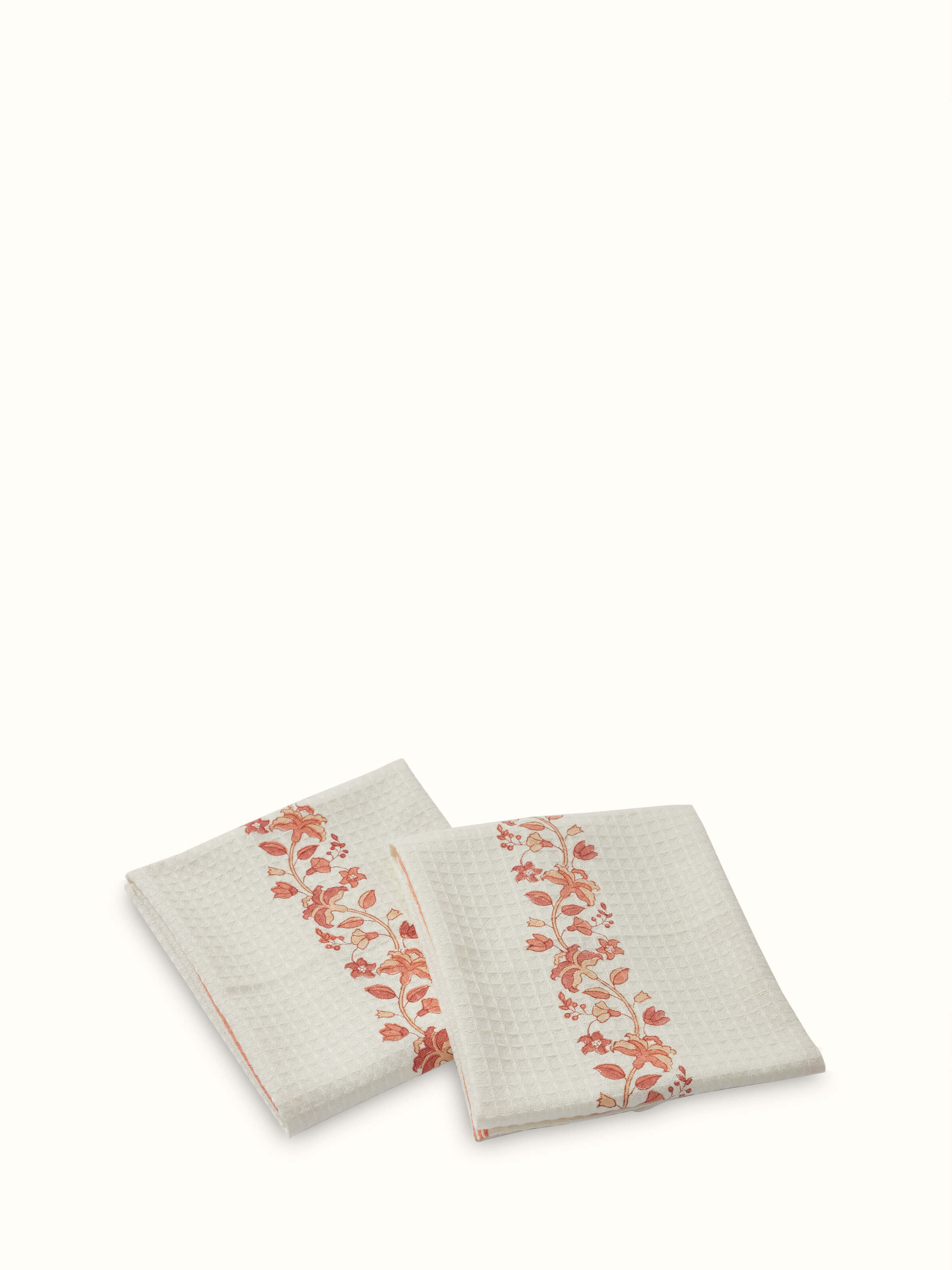 Full view of Palampore Border Peach Floral Cotton Sanganeri Block Printed Hand Towels (2 pcs), showcasing the floral design and border detail.