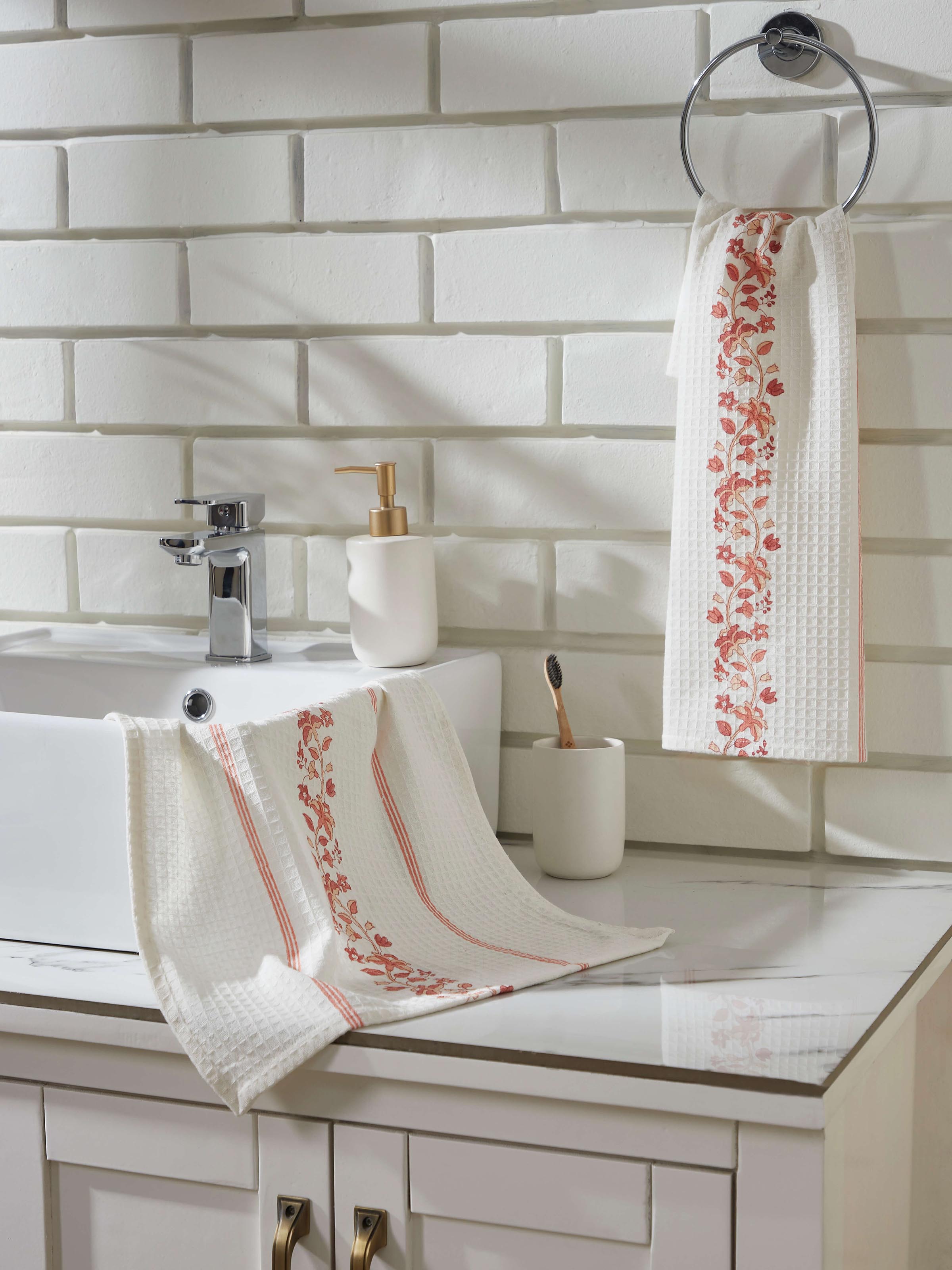 Close-up of Palampore Border Peach Floral Cotton Sanganeri Block Printed Hand Towels (2 pcs), highlighting the intricate floral block print.