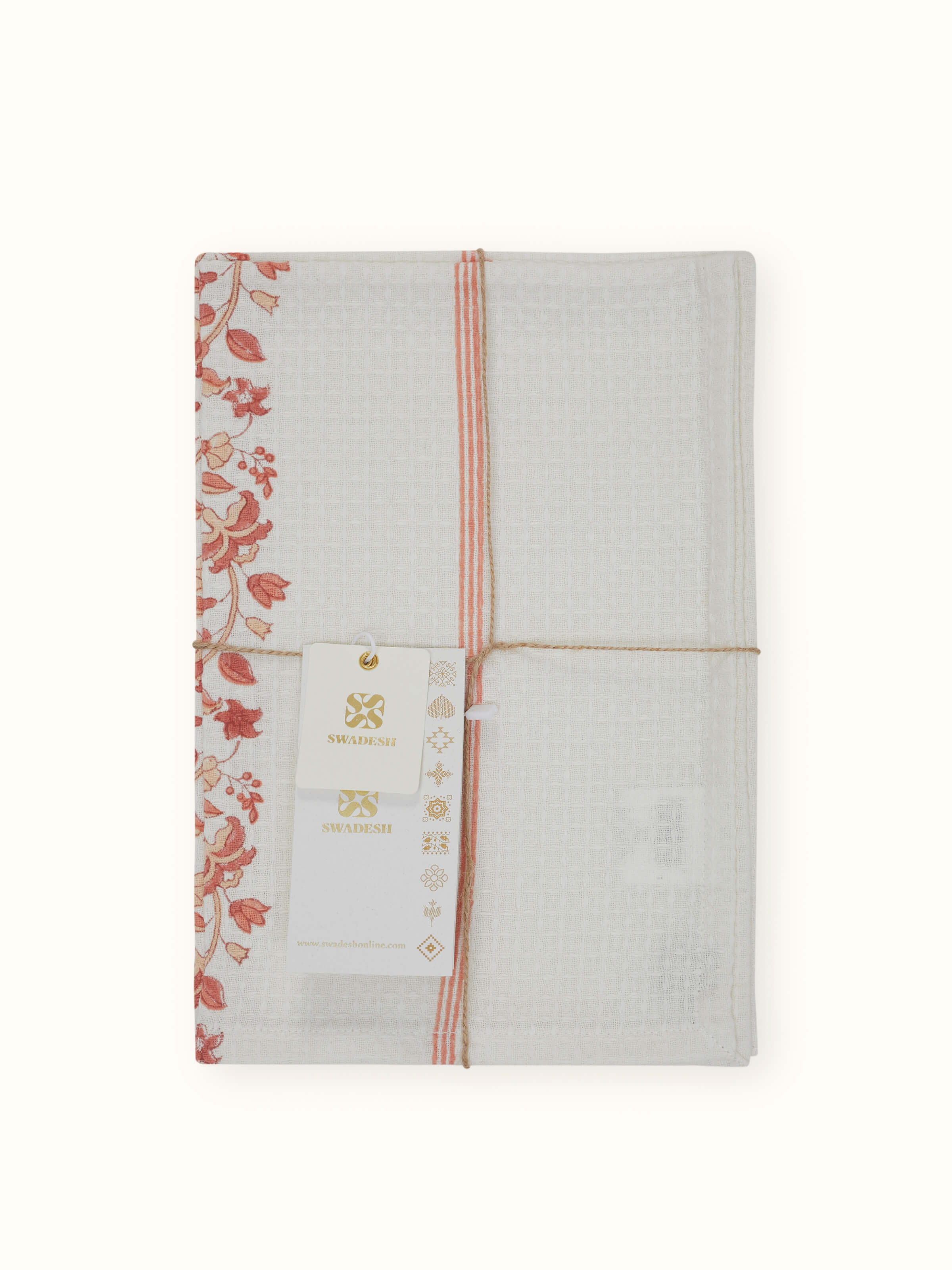 Angled view of Palampore Border Peach Floral Cotton Sanganeri Block Printed Hand Towels (2 pcs), showing the hand towel's border and print design.