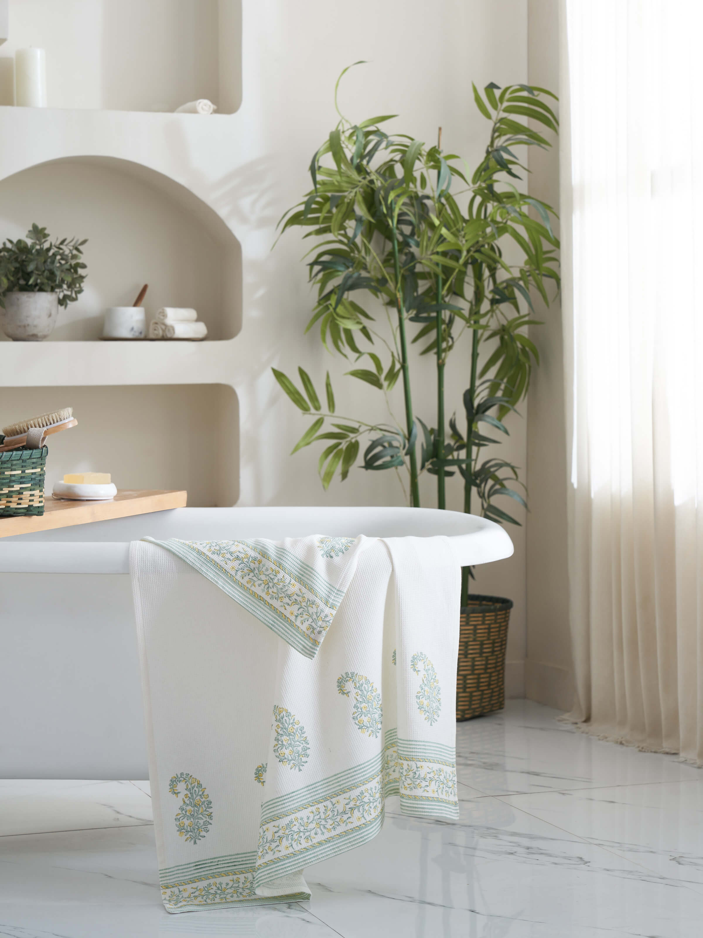 Close-up of Ambi border yellow floral cotton Sanganeri block printed bath towel (XL) showcasing the floral block print pattern.