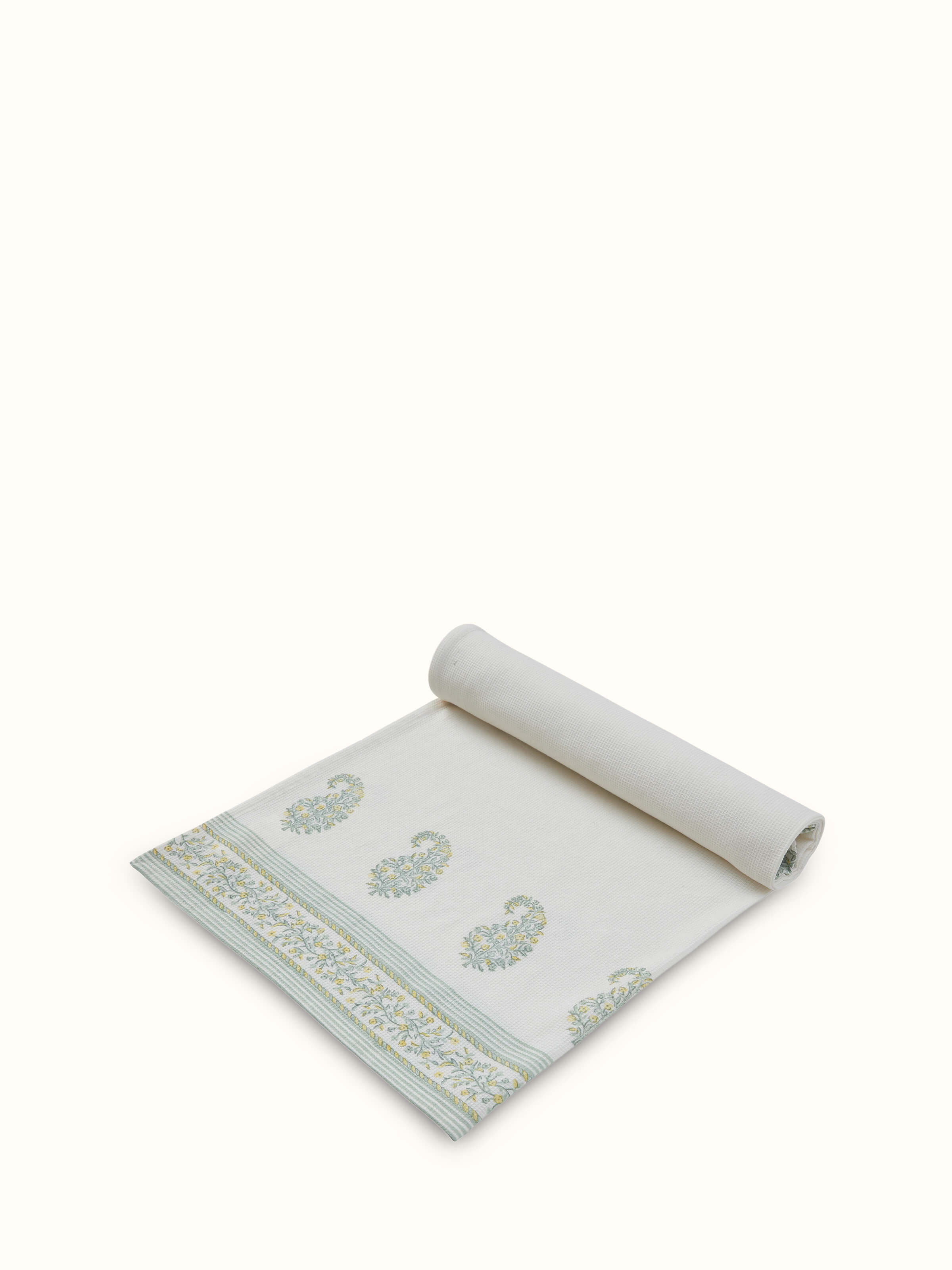 Full view of Ambi border yellow floral cotton Sanganeri block printed bath towel (XL) highlighting its design and color.