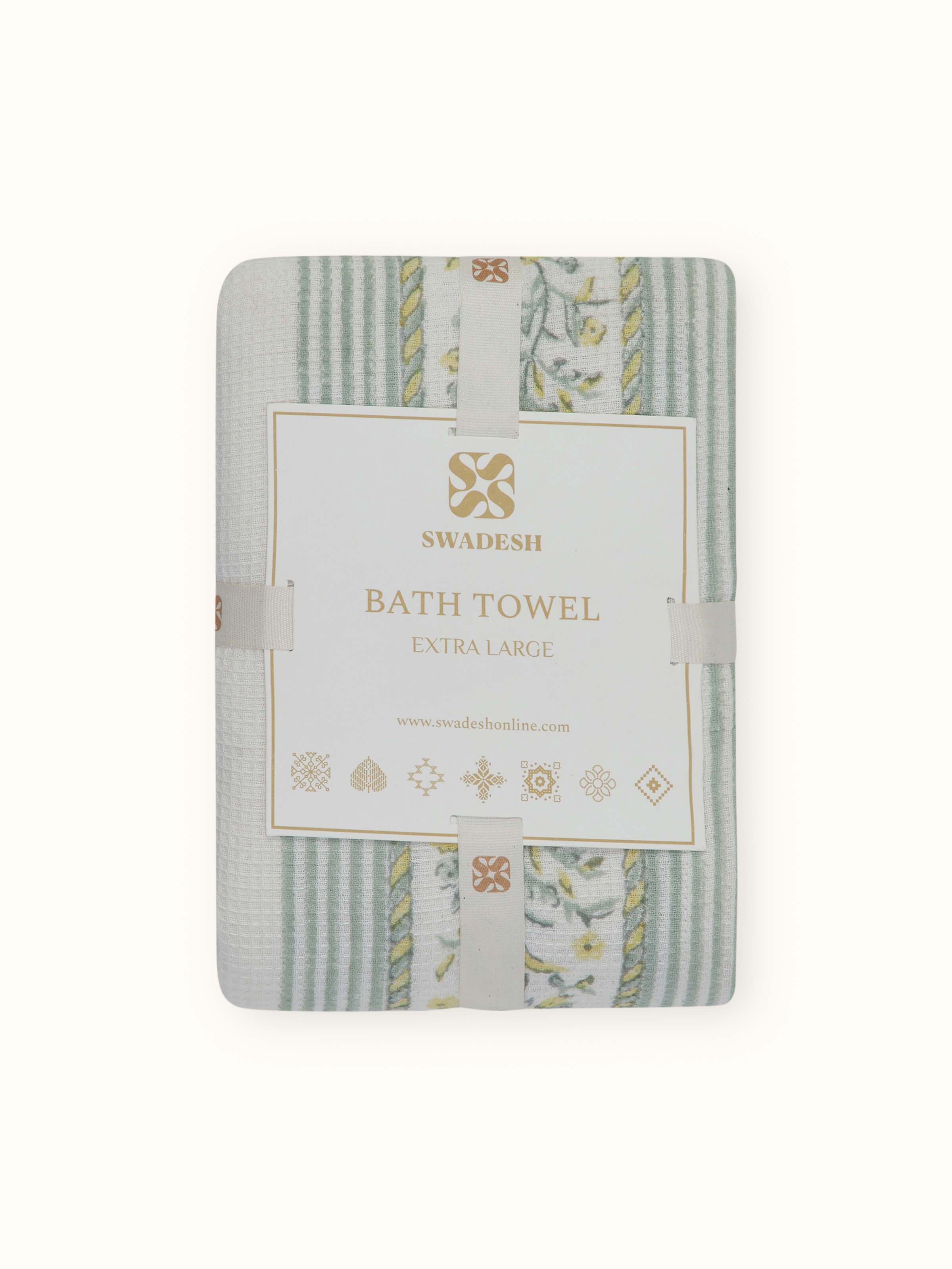 Detailed view of Ambi border yellow floral cotton Sanganeri block printed bath towel (XL) focusing on the fabric texture and floral design.