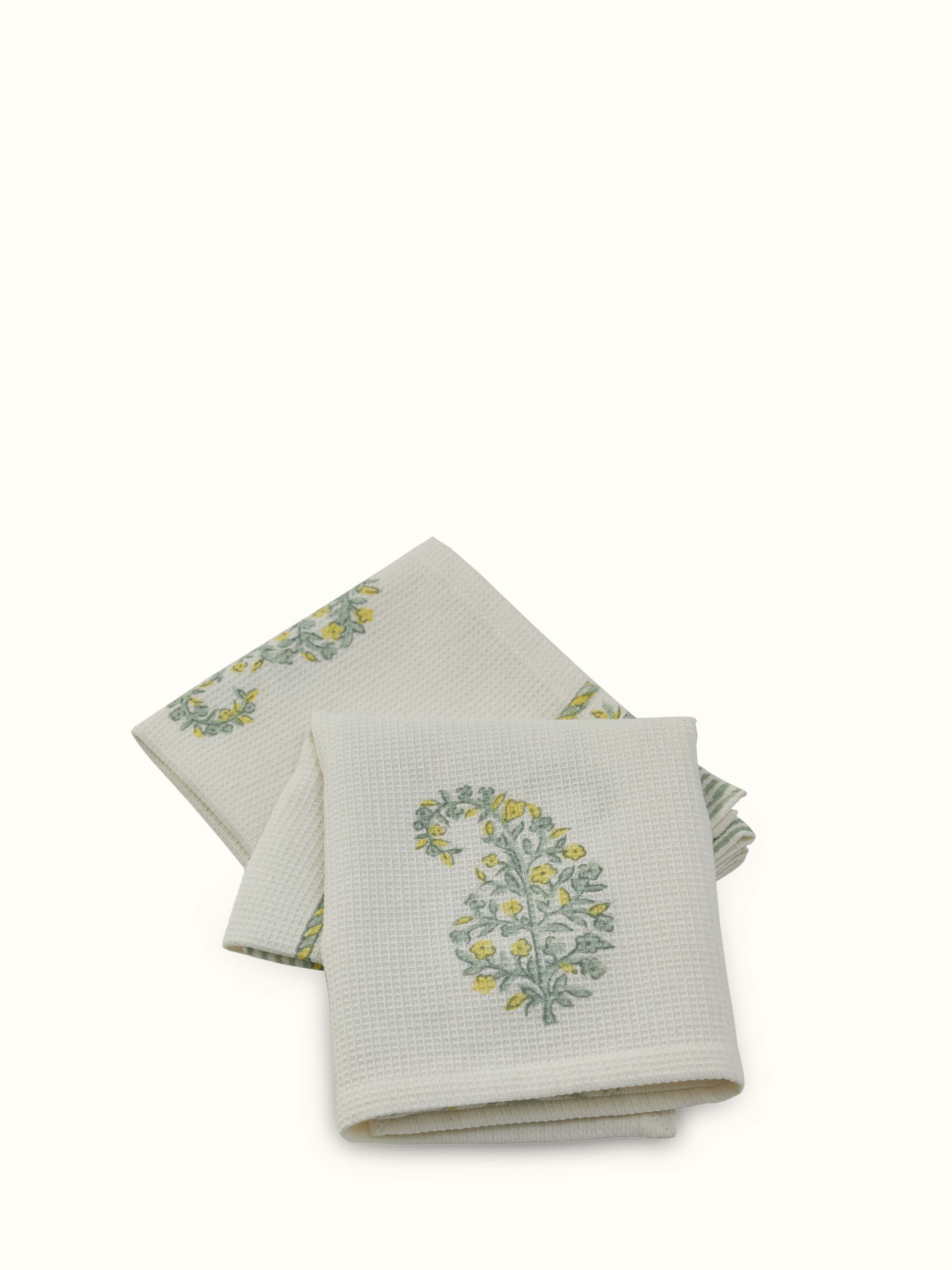 Front view of Ambi stripe yellow floral cotton Sanganeri block printed hand towels (2 pcs) with floral and stripe design