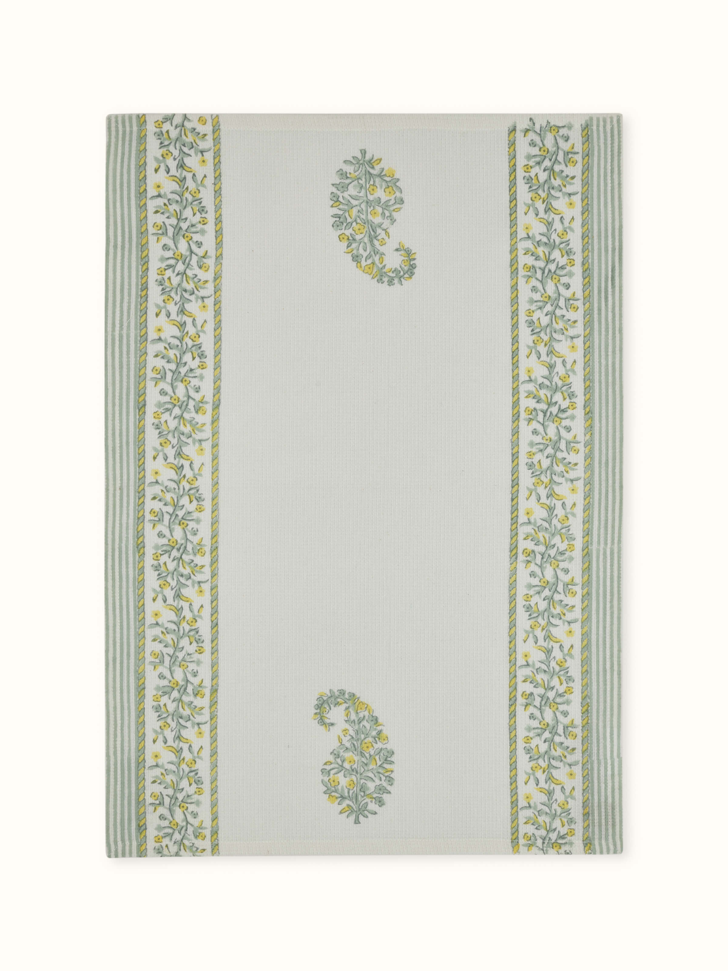 Close-up of Ambi stripe yellow floral cotton Sanganeri block printed hand towels (2 pcs) showing detailed floral and stripe patterns