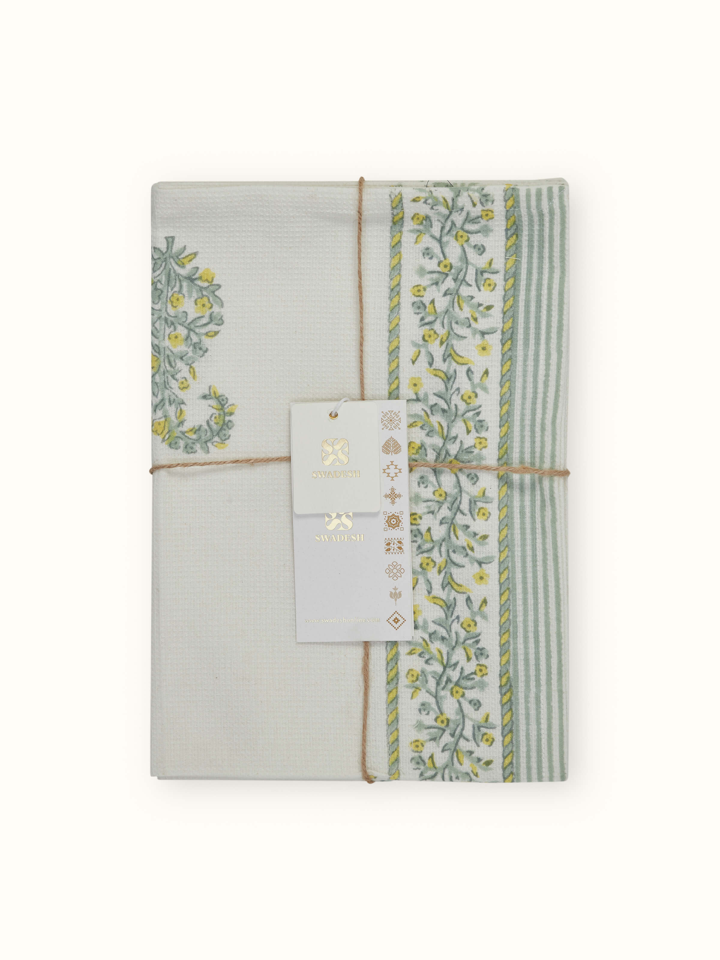 Side view of Ambi stripe yellow floral cotton Sanganeri block printed hand towels (2 pcs) displaying towel’s edge and design
