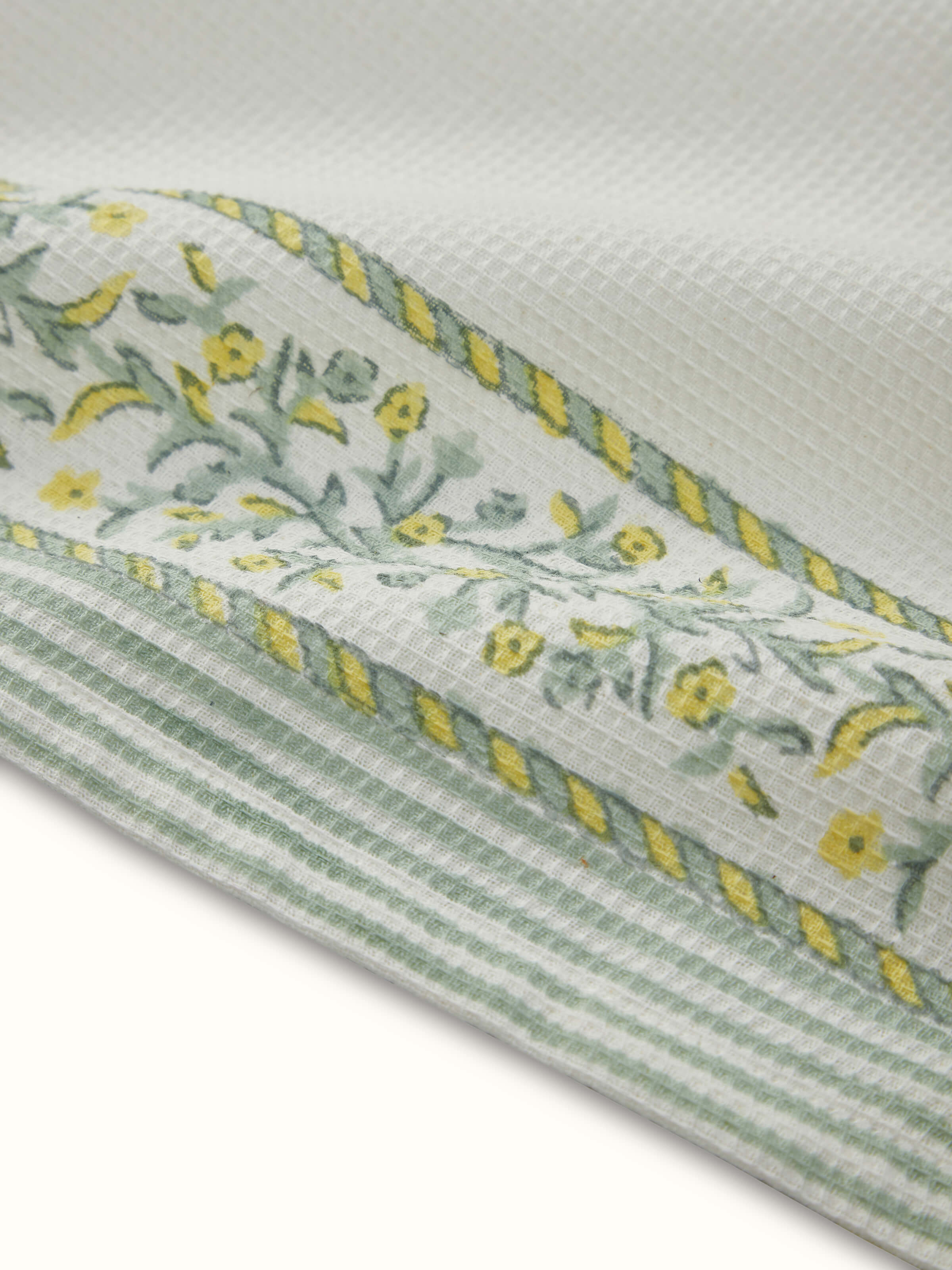 Back view of Ambi stripe yellow floral cotton Sanganeri block printed hand towels (2 pcs) showing the towel’s back side