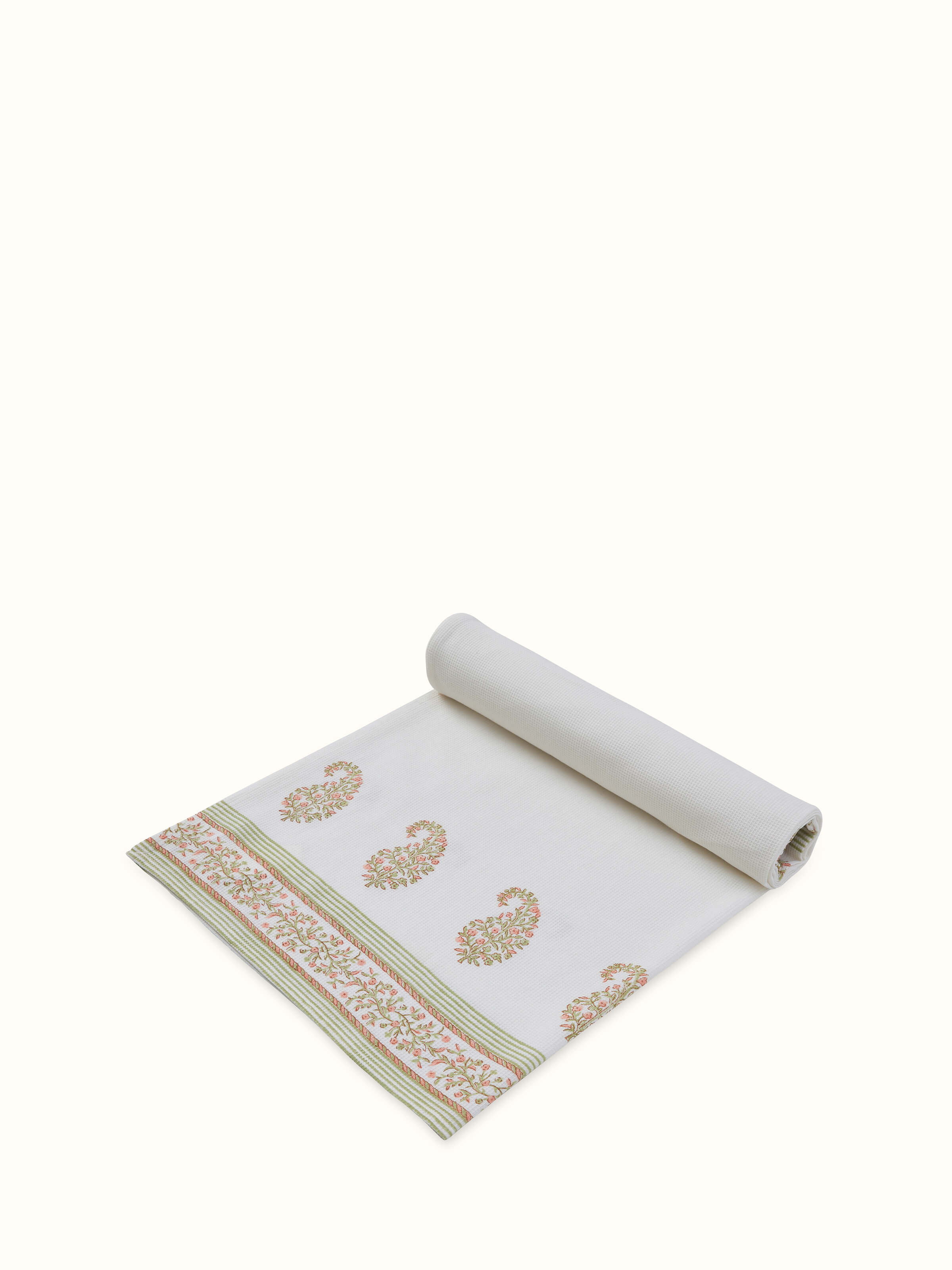 Ambi border peach floral cotton Sanganeri block printed bath towel (XL) showing the intricate floral block print pattern and peach color.