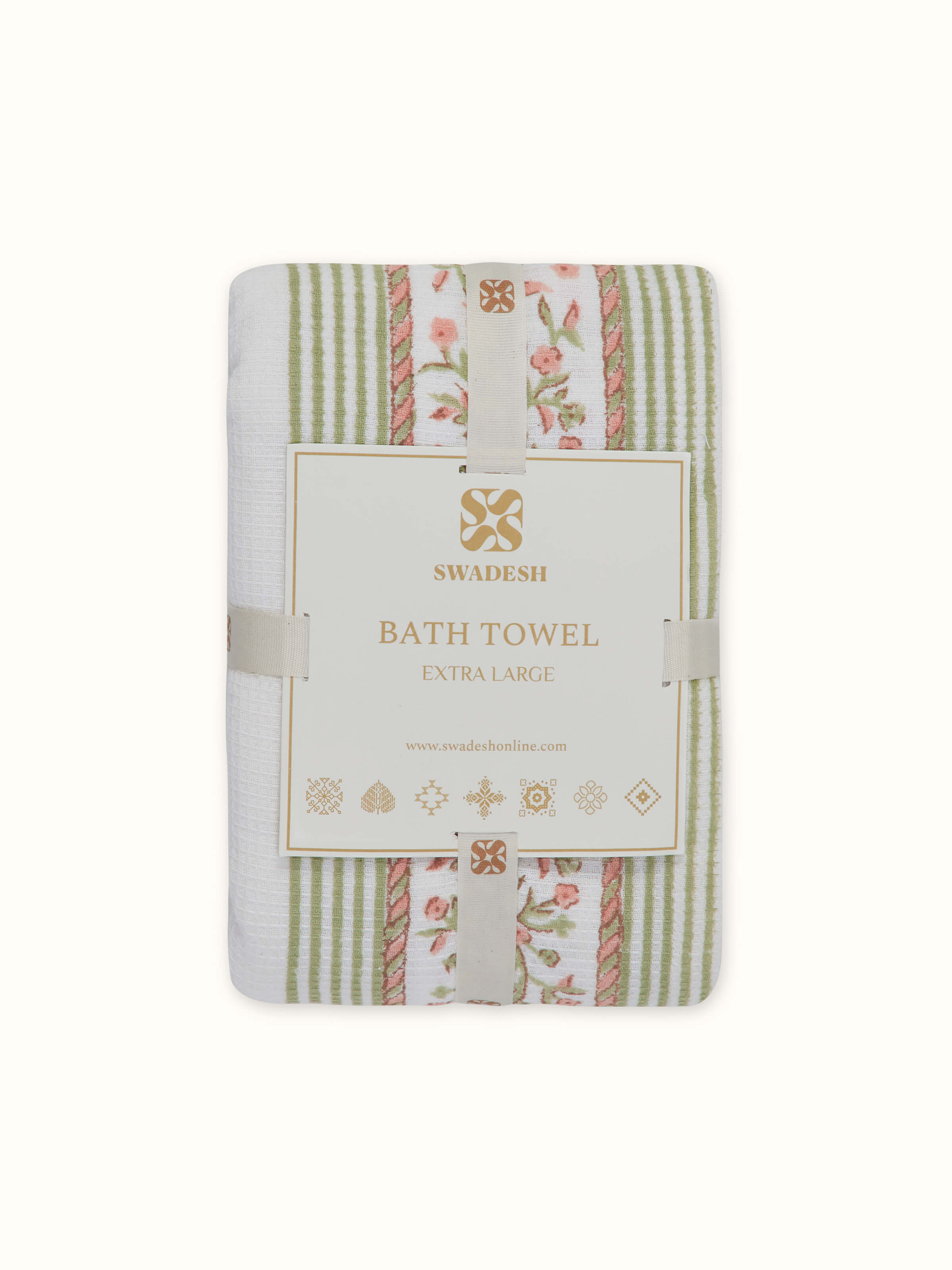 Ambi border peach floral cotton Sanganeri block printed bath towel (XL) displayed with a focus on the border and floral block print.