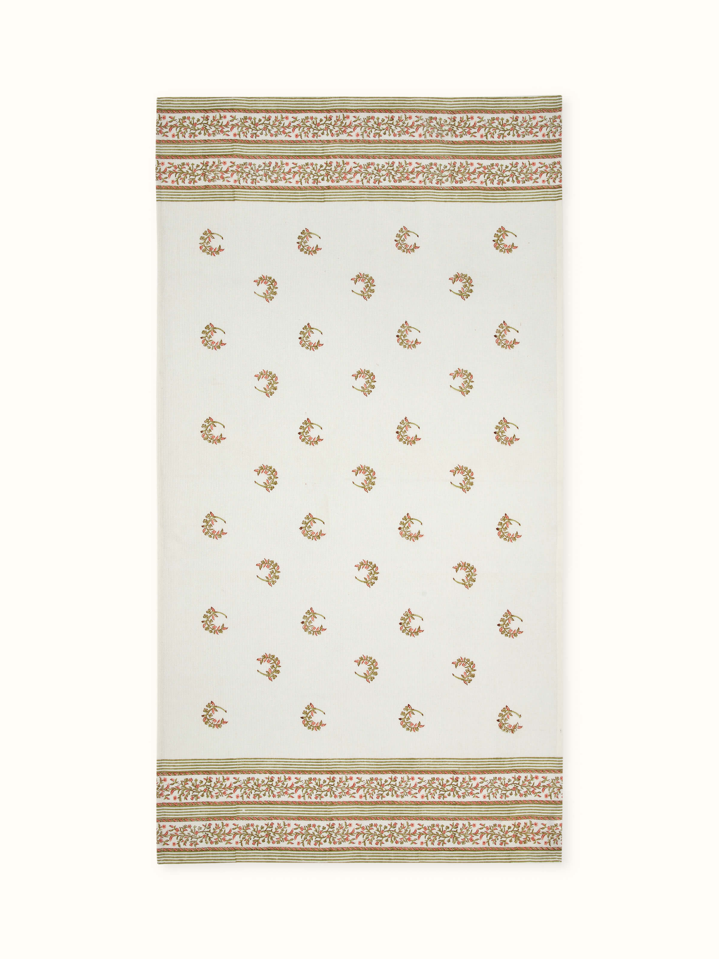 Front view of Ambi allover peach floral cotton Sanganeri block printed bath towel (L), showcasing its vibrant floral design.