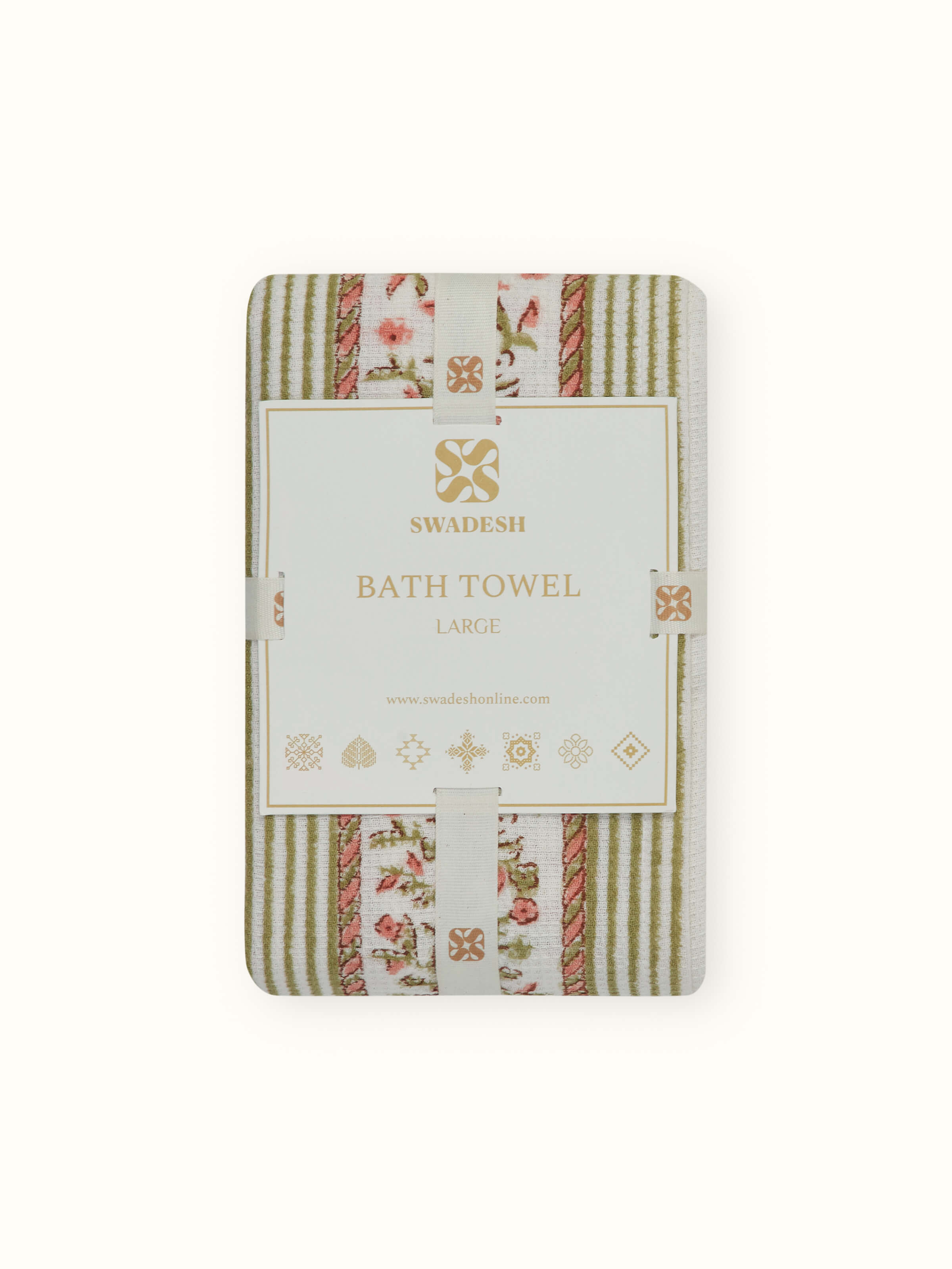 Angled view of Ambi allover peach floral cotton Sanganeri block printed bath towel (L), illustrating its full design and use.