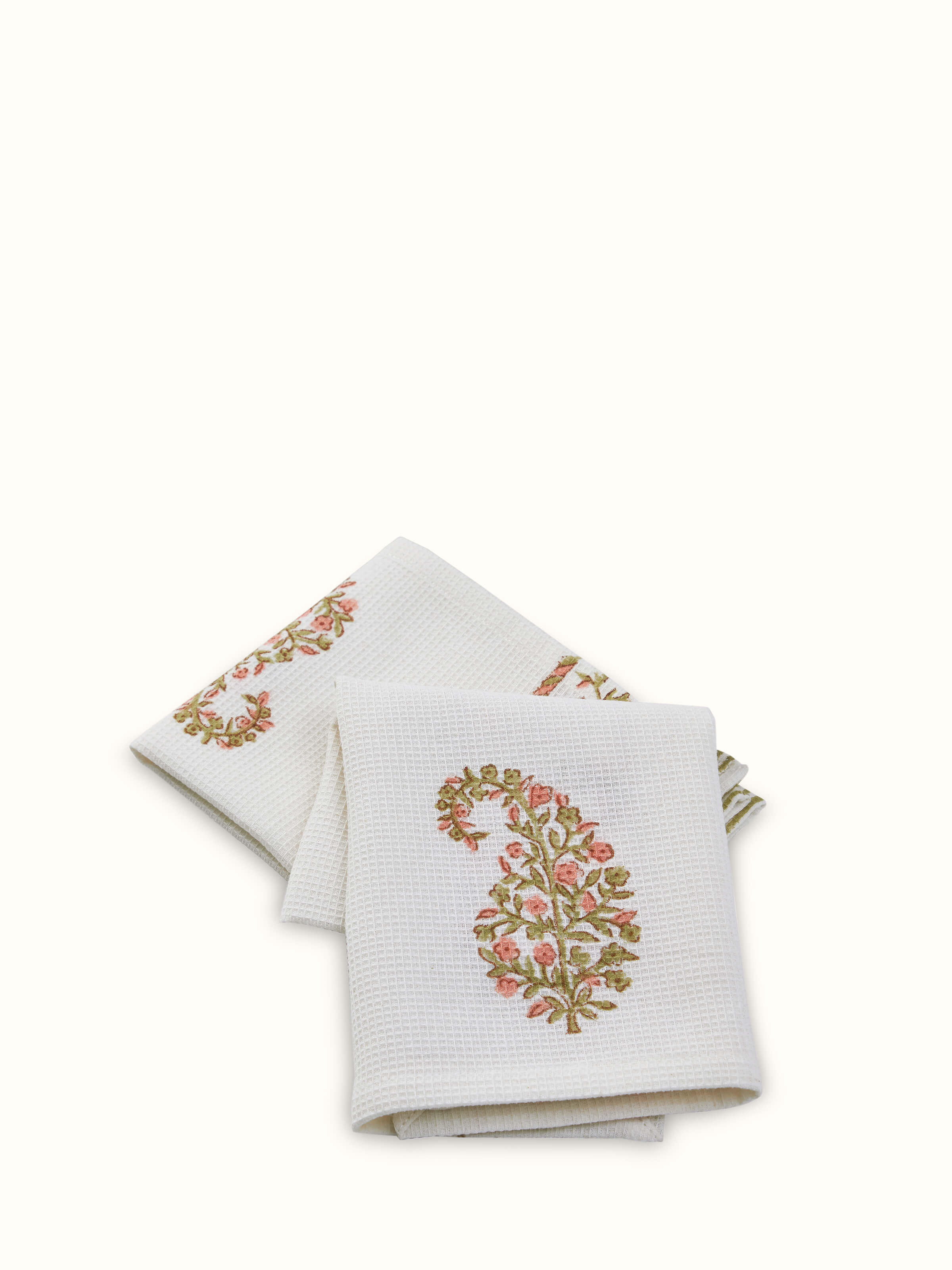 Ambi Stripe Peach Floral Cotton Sanganeri Block Printed Hand Towels displayed with floral patterns and stripes.