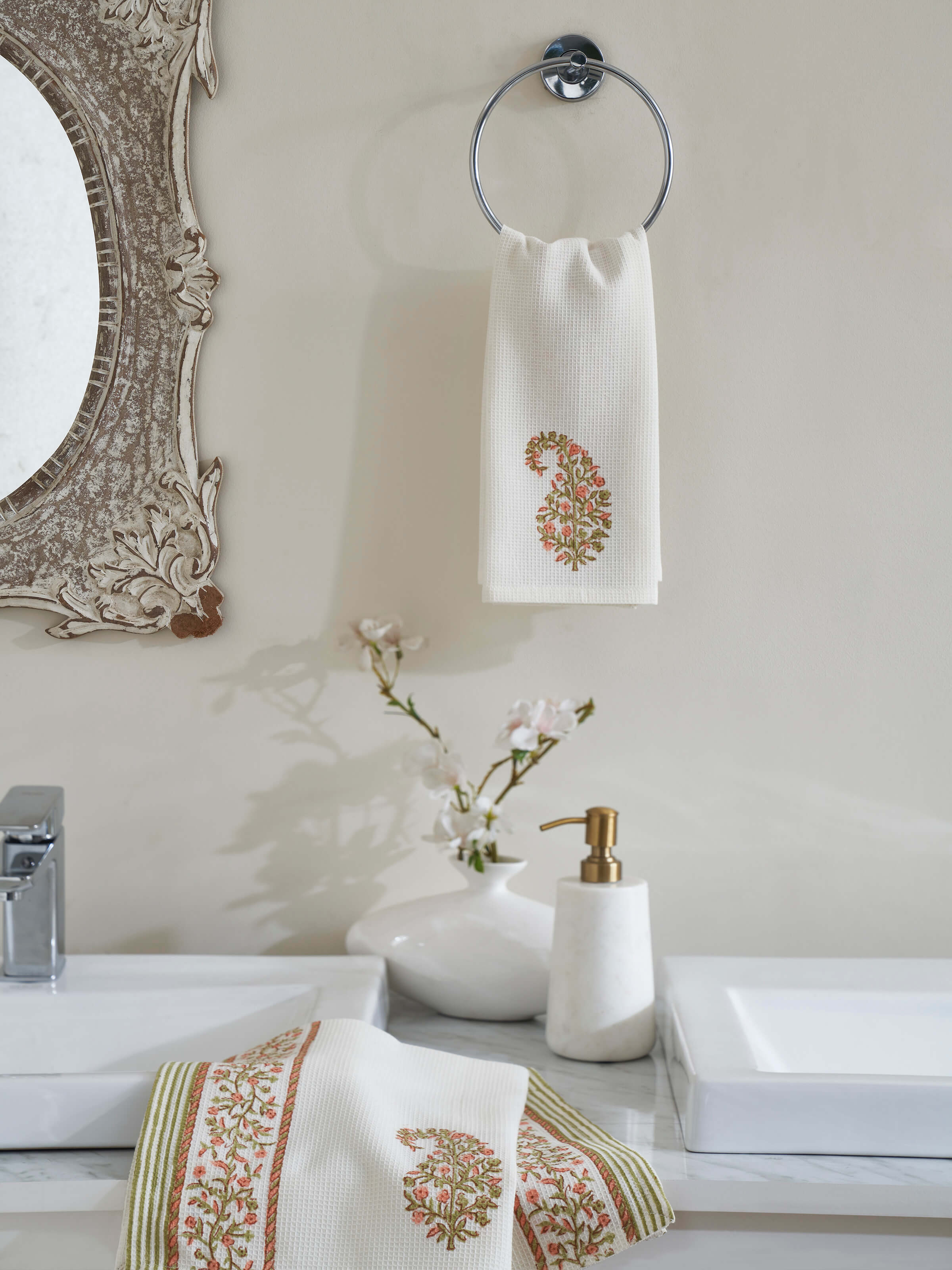 Close-up of Ambi Stripe Peach Floral Cotton Sanganeri Block Printed Hand Towels showing detailed floral and stripe design.