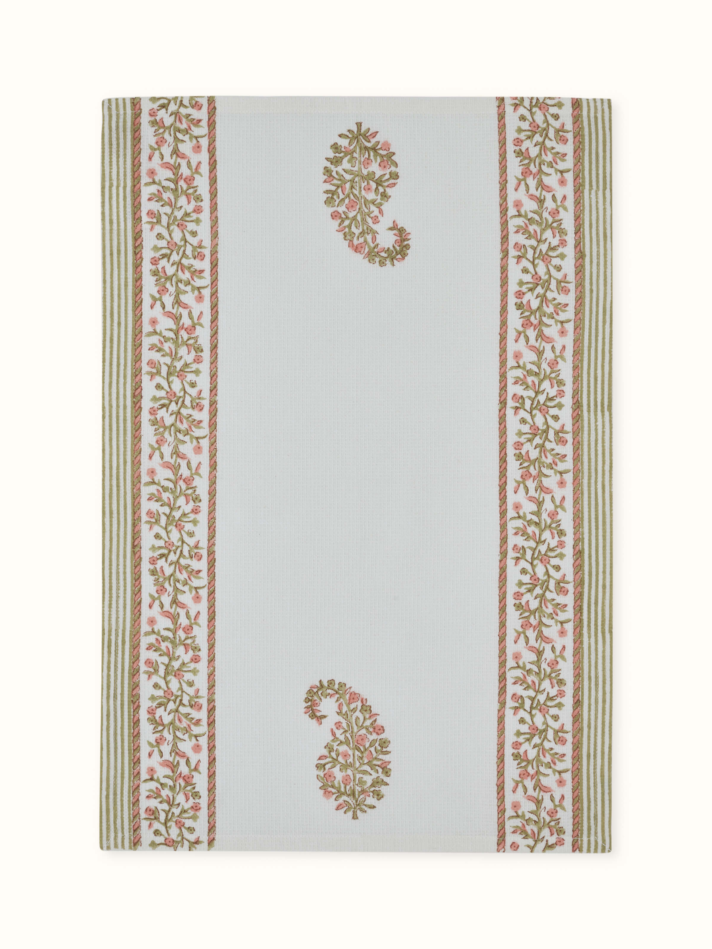 Ambi Stripe Peach Floral Cotton Sanganeri Block Printed Hand Towels folded and showcasing the overall design.