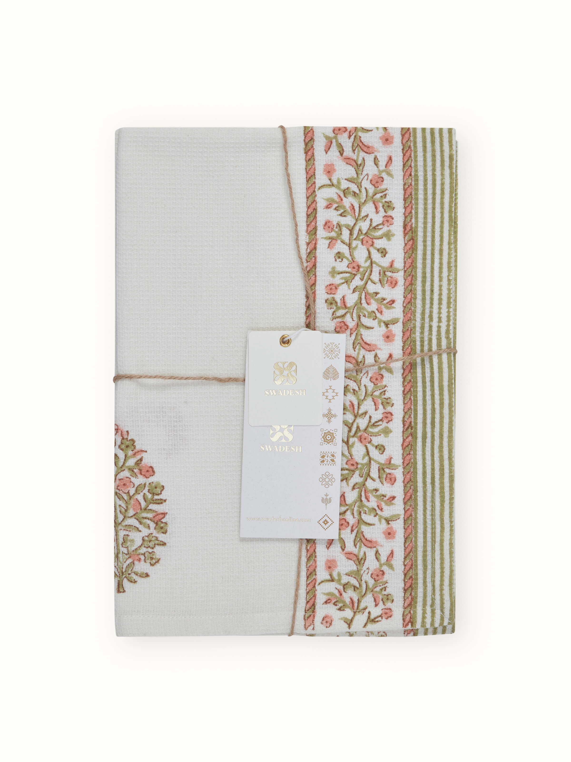 Detailed view of Ambi Stripe Peach Floral Cotton Sanganeri Block Printed Hand Towels, emphasizing the texture and color.