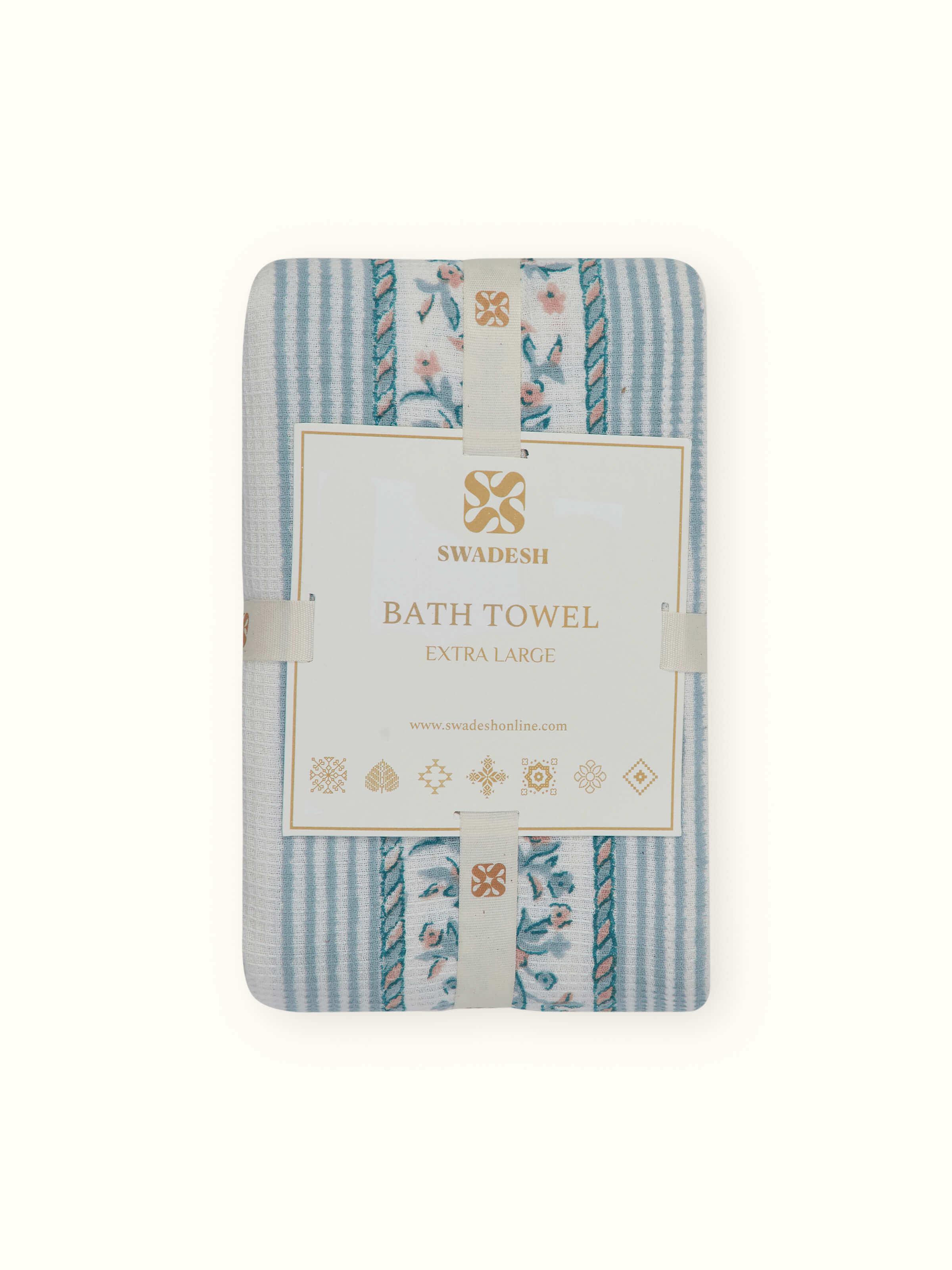 Ambi border blue floral cotton Sanganeri block printed bath towel (XL), folded to reveal the intricate border design.
