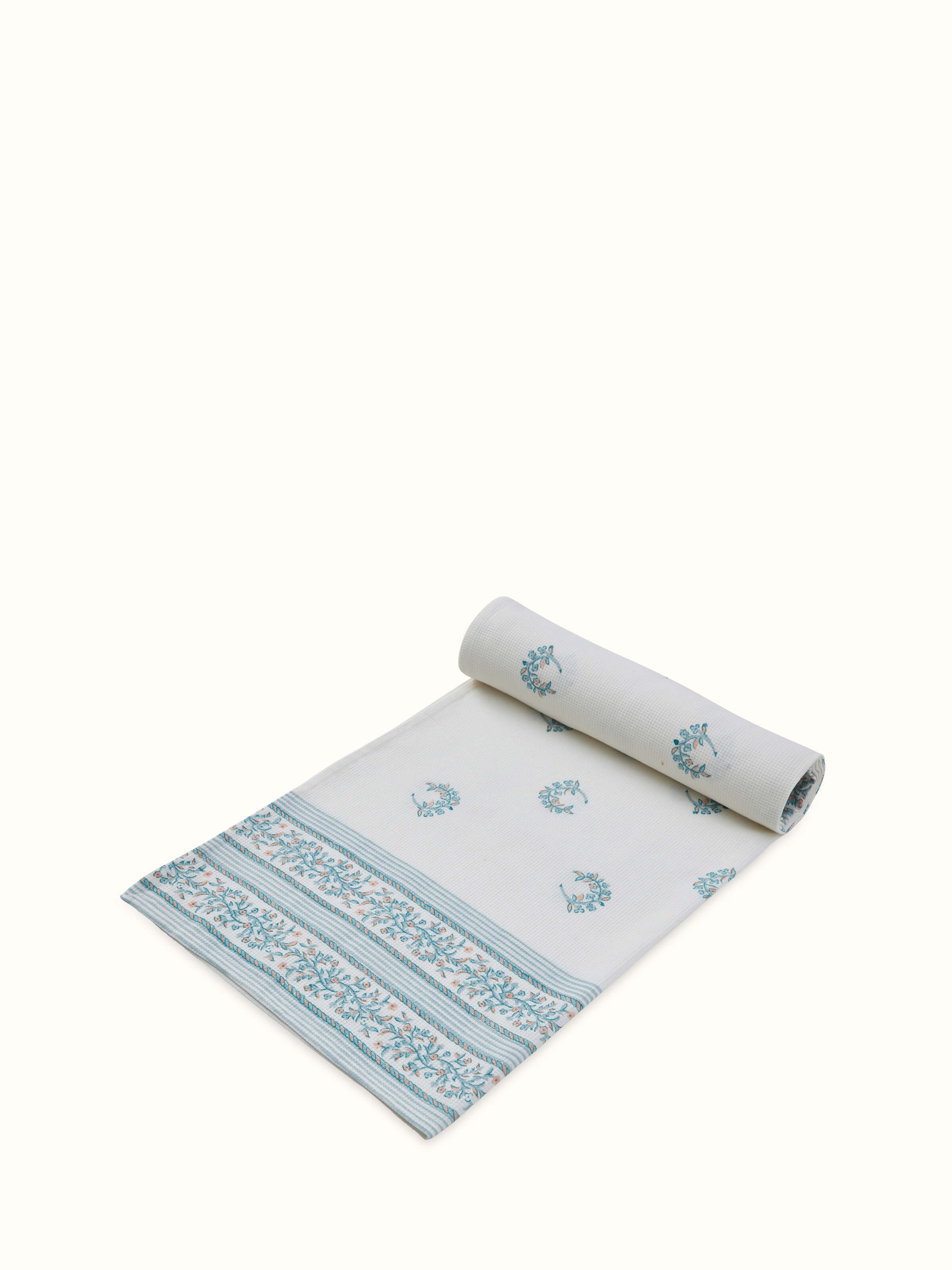 Ambi allover blue floral cotton Sanganeri block printed bath towel (L) displaying the full blue floral block print design.