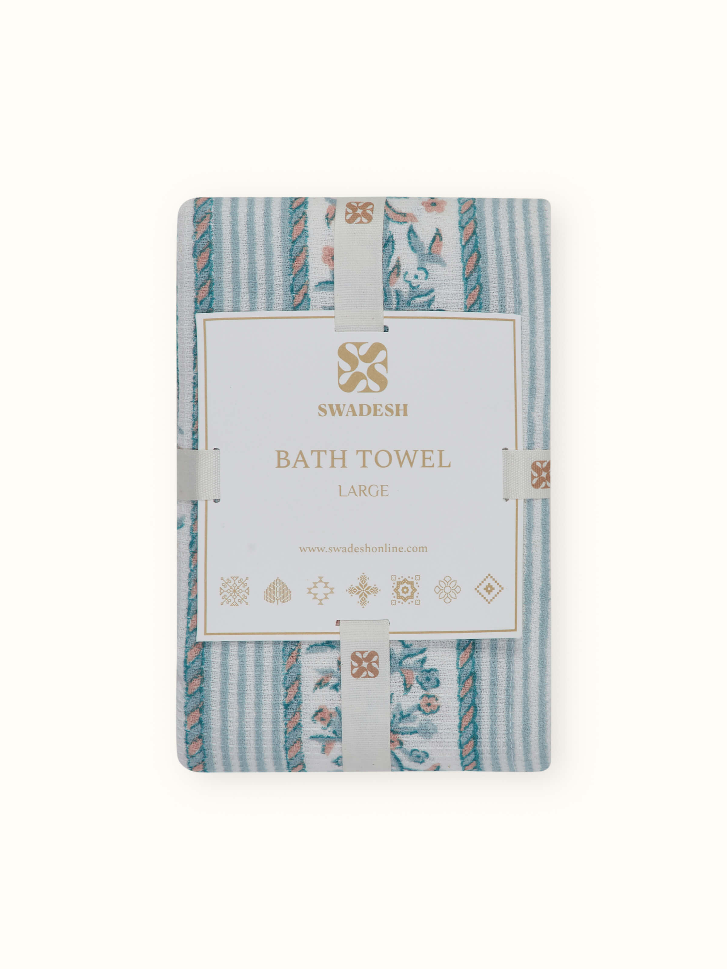 Ambi allover blue floral cotton Sanganeri block printed bath towel (L) in a complete view, emphasizing the blue floral pattern and soft cotton fabric.