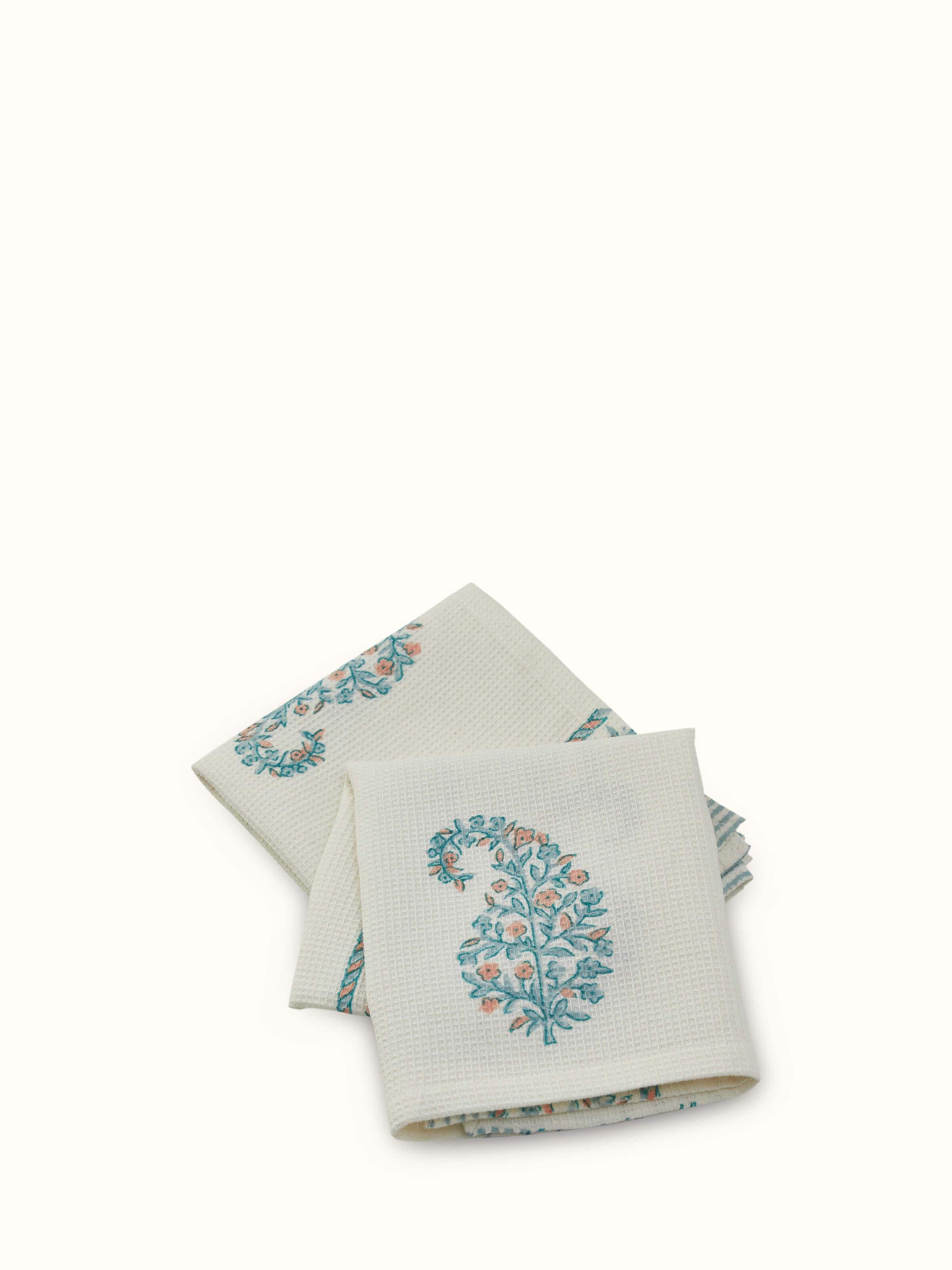 Ambi stripe blue floral cotton hand towel with Sanganeri block print, featuring a detailed close-up of the floral pattern.