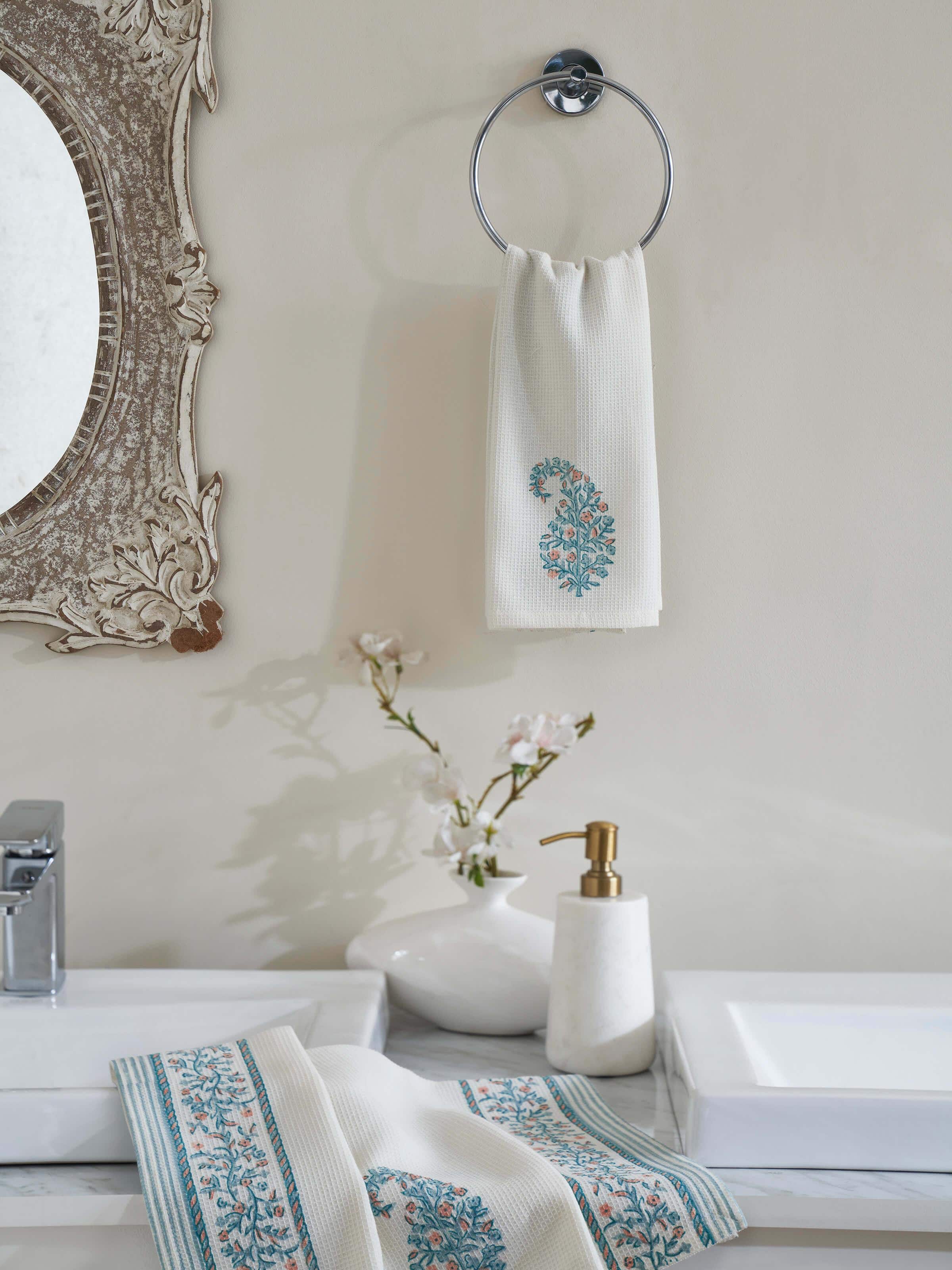 Full view of Ambi stripe blue floral cotton hand towel showing the Sanganeri block print design and texture.