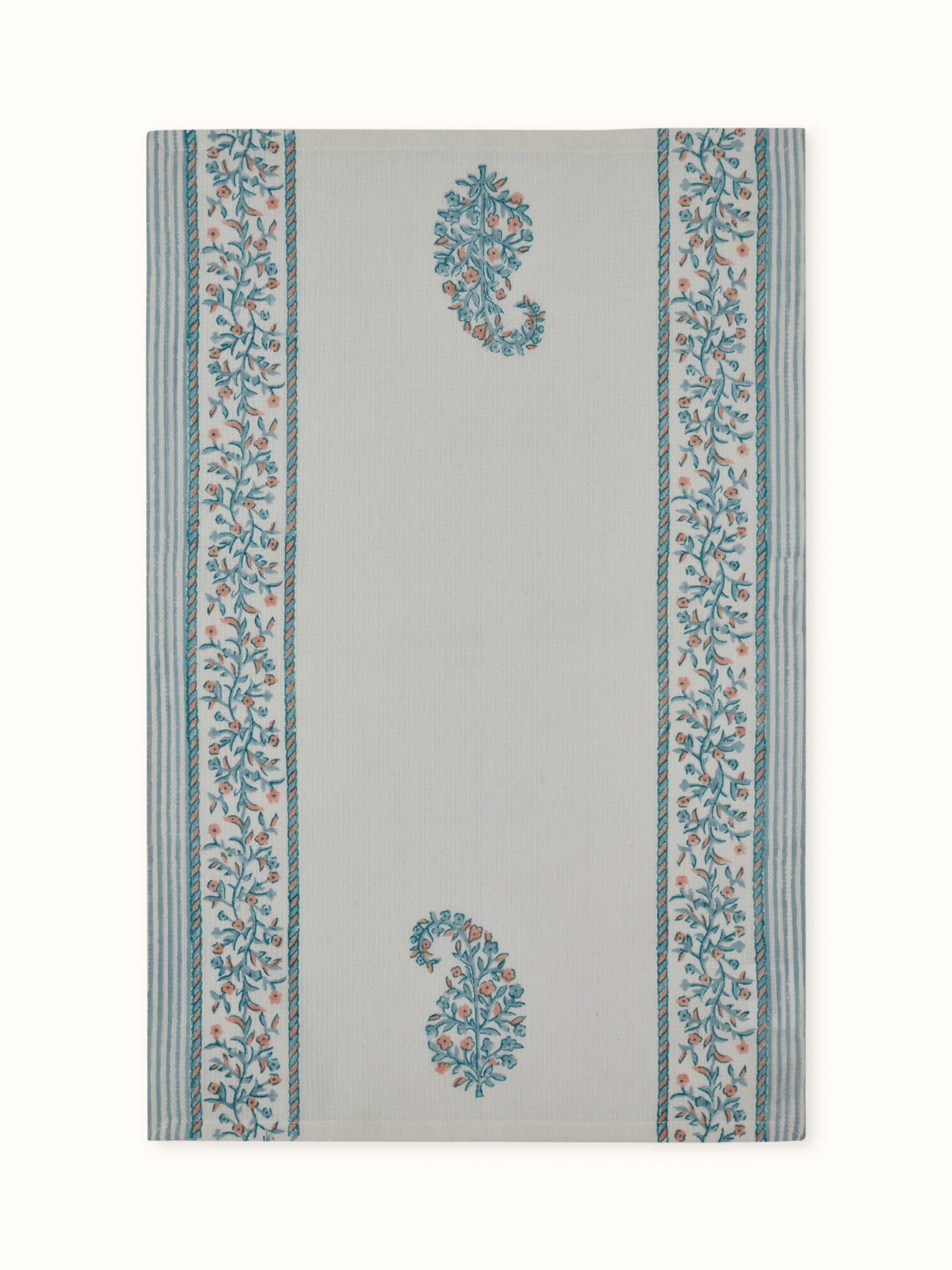 Ambi stripe blue floral cotton hand towel laid out flat, displaying the Sanganeri block print pattern.