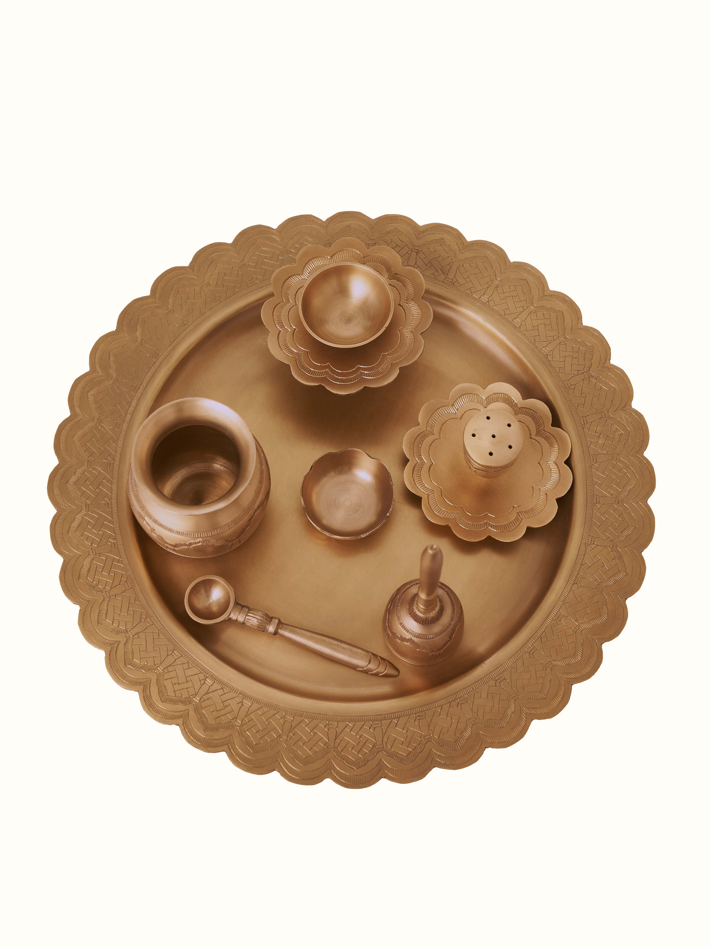 Front view of Polished Brass Pooja Thali Set showing the complete set and its design
